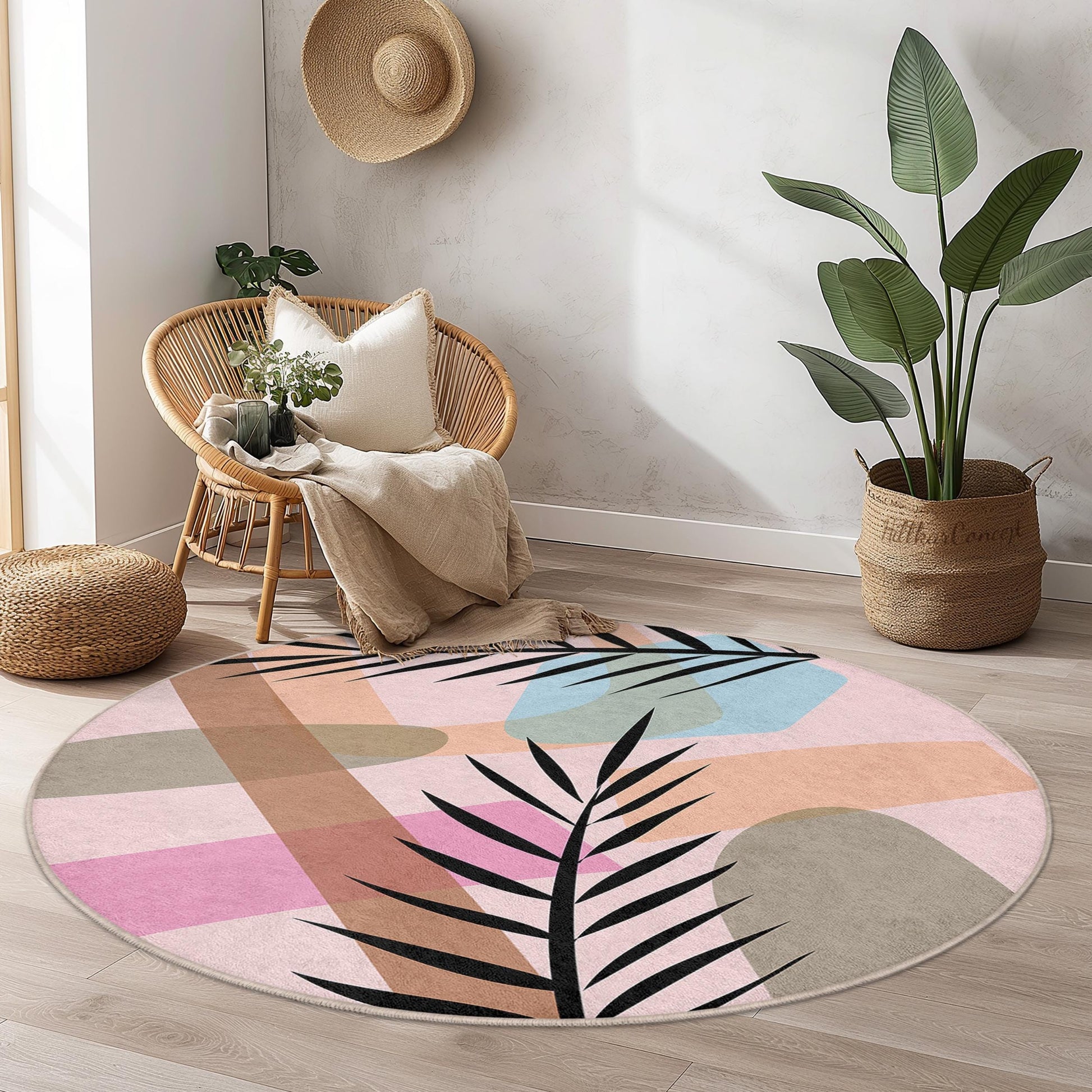 Abstract Leaf Design Round Area Rug | Soft Cotton Circle Carpet | Stylish Home Decor | Unique Boho Living Room Rug