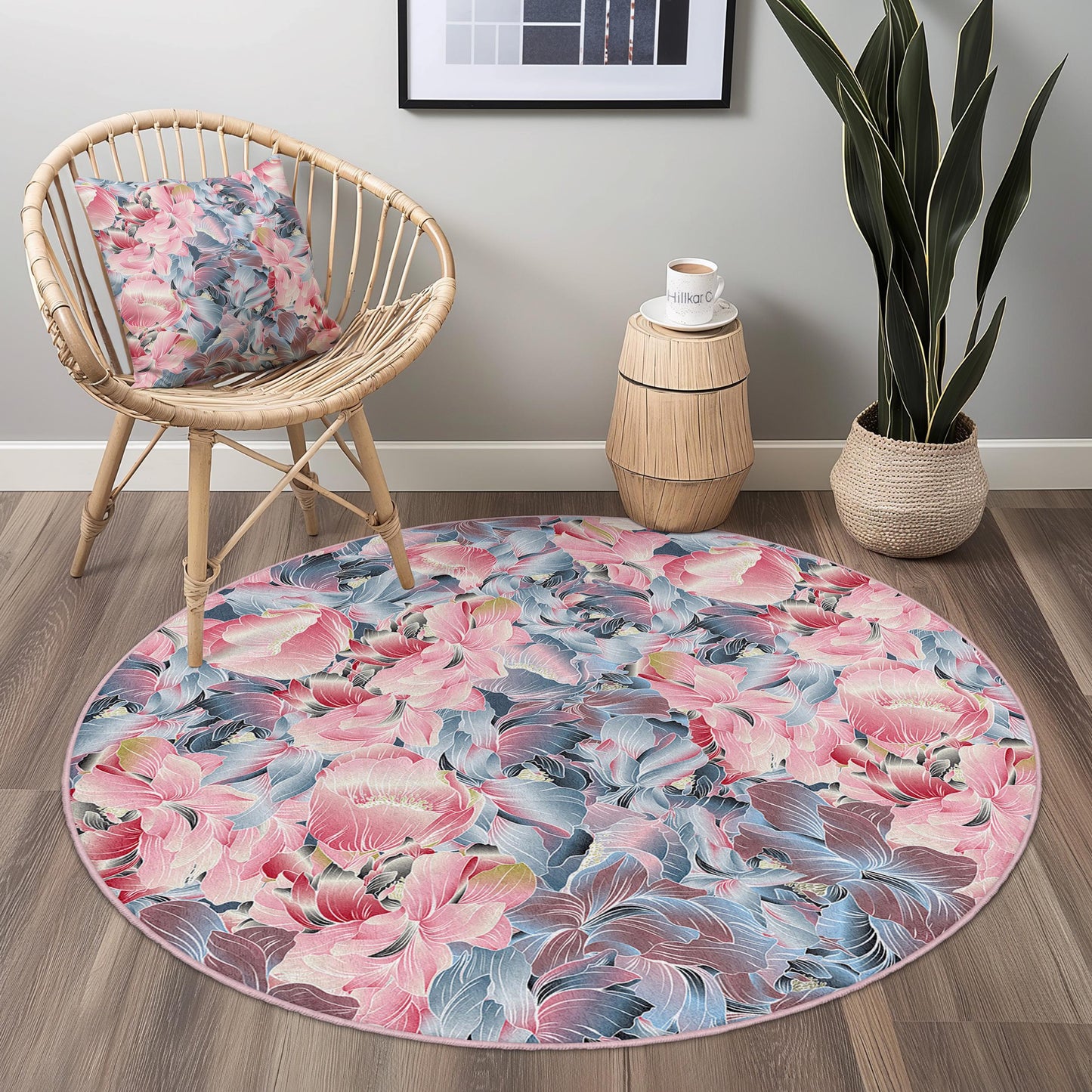 Runder Teppich mit Blumenmuster | Weicher Baumwollteppich fürs Wohnzimmer | Elegante Matte mit Blumendekor | Waschbar und rutschfest