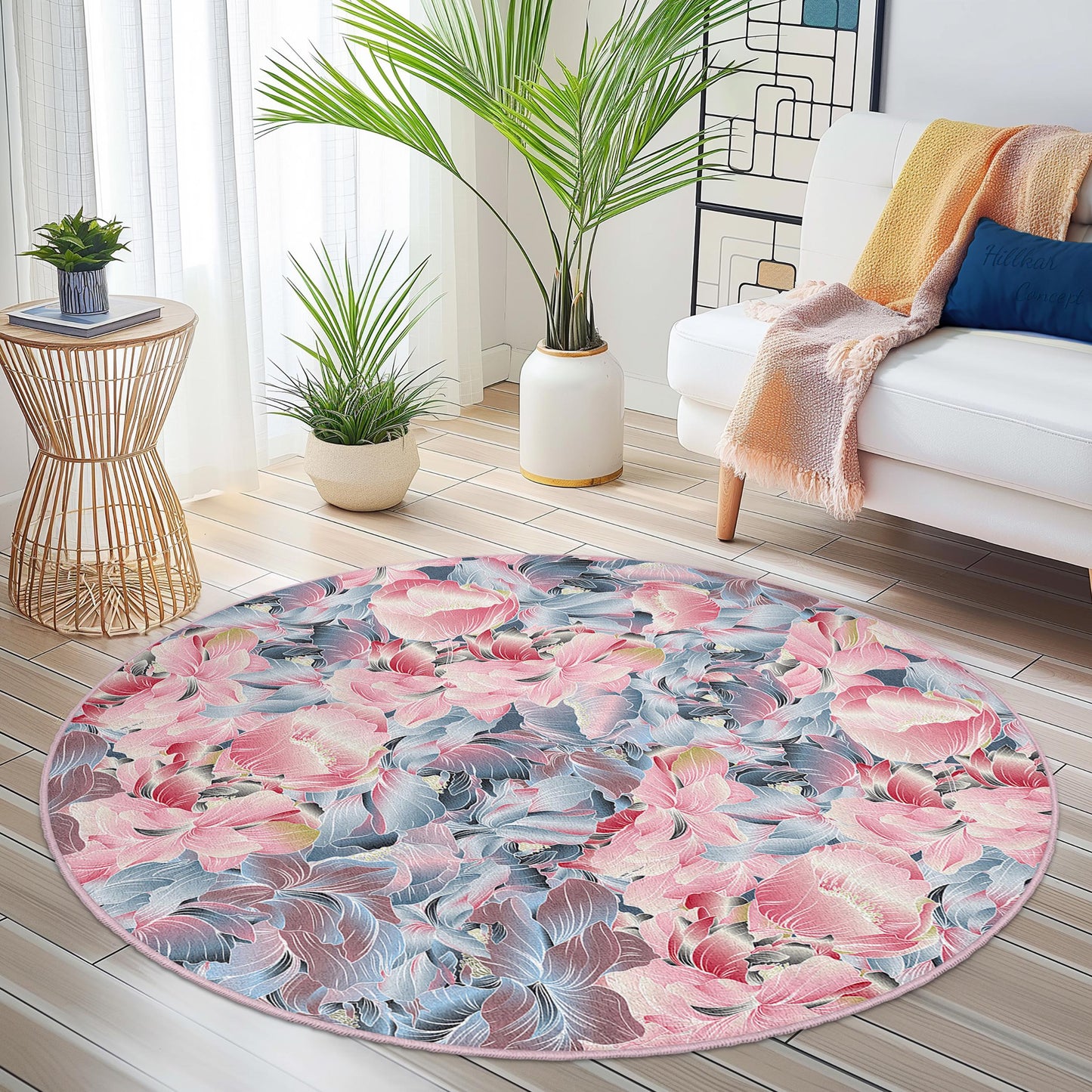 Runder Teppich mit Blumenmuster | Weicher Baumwollteppich fürs Wohnzimmer | Elegante Matte mit Blumendekor | Waschbar und rutschfest