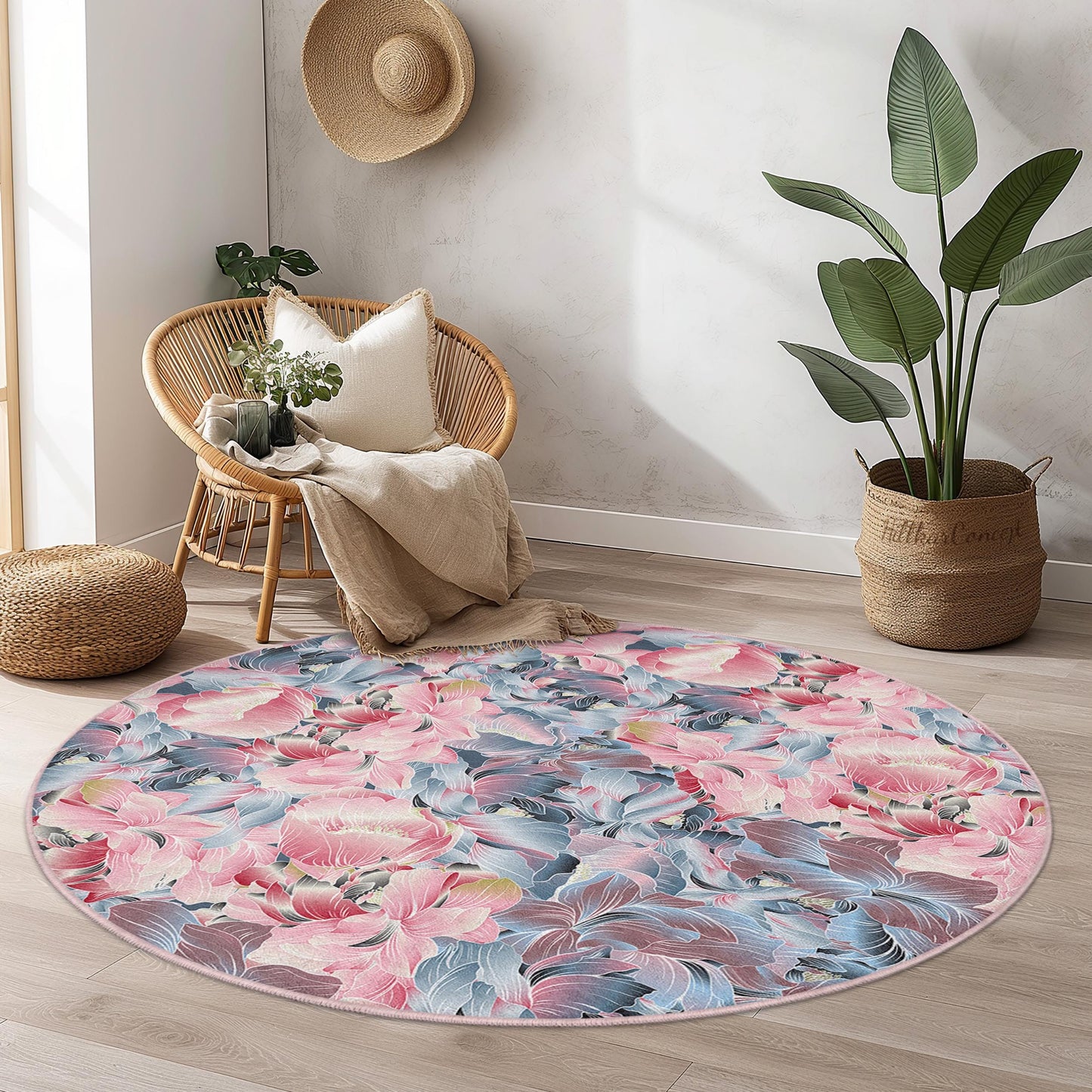 Runder Teppich mit Blumenmuster | Weicher Baumwollteppich fürs Wohnzimmer | Elegante Matte mit Blumendekor | Waschbar und rutschfest