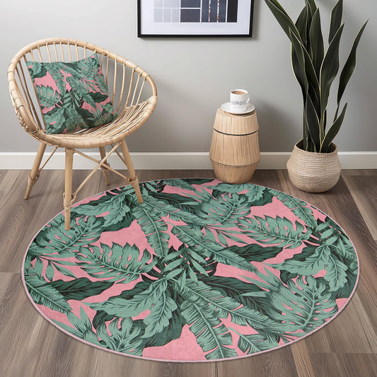 Tropical Leaves Round Area Rug | Soft Cotton Carpet for Living Room | Stylish Home Decor | Machine Washable Floor Mat