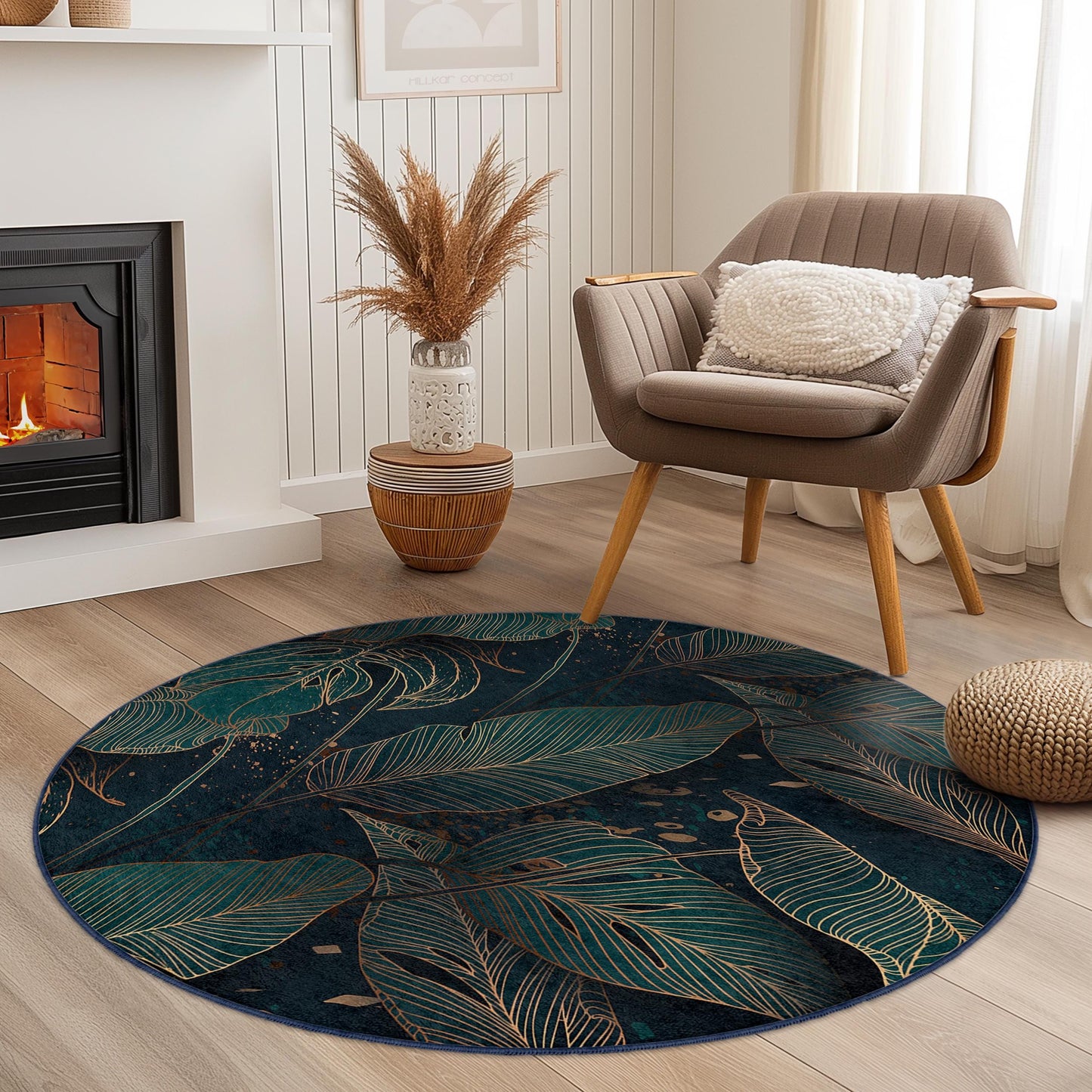 Eleganter runder Teppich mit Blättermuster | Tropisches Grün-Gold-Dekor | Weiche Baumwollmatte fürs Wohnzimmer | Stilvoller Heimteppich