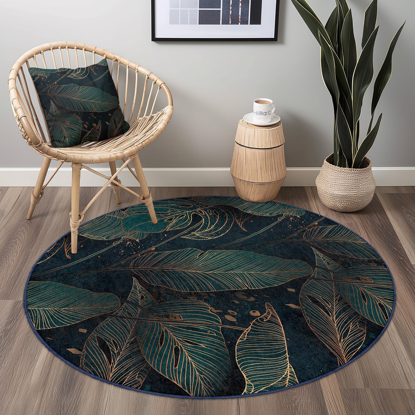 Eleganter runder Teppich mit Blättermuster | Tropisches Grün-Gold-Dekor | Weiche Baumwollmatte fürs Wohnzimmer | Stilvoller Heimteppich