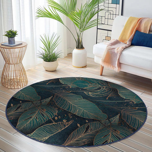 Elegant Leaf Print Round Area Rug | Tropical Green and Gold Decor | Soft Cotton Living Room Mat | Stylish Home Carpet