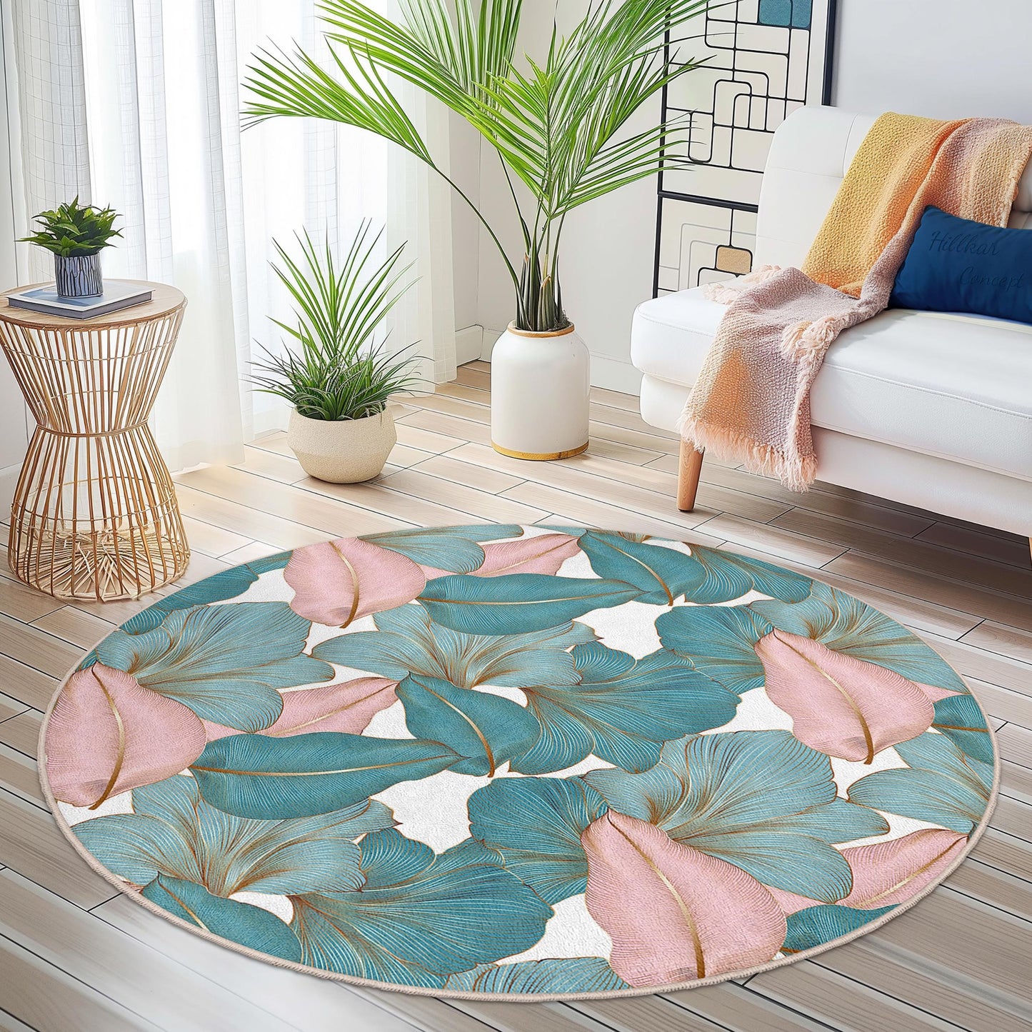 Runder Teppich mit floralem Muster | Teppich mit tropischem Blättermuster | Weiche Baumwollmatte fürs Wohnzimmer | Stilvolles Wohnaccessoire