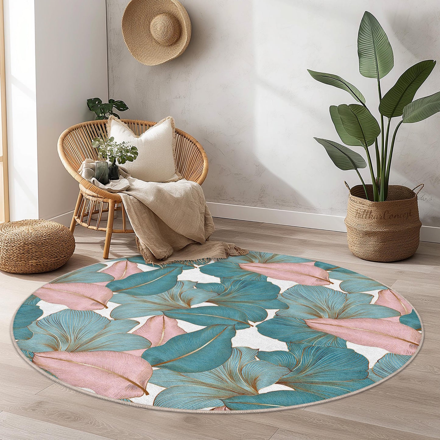 Floral Design Round Area Rug | Tropical Leaf Pattern Carpet | Soft Cotton Living Room Mat | Stylish Home Decor Accent