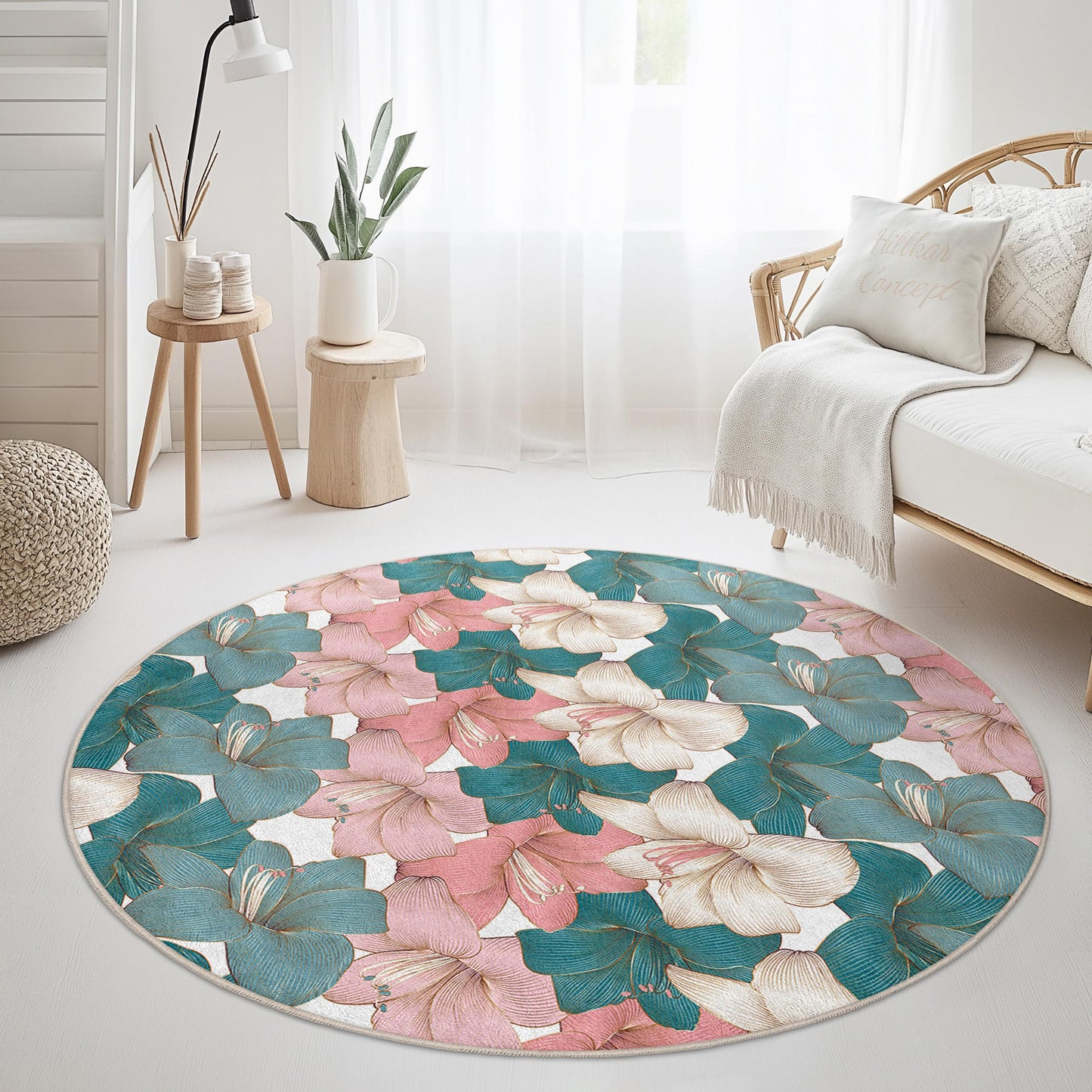 Runder Teppich mit Blumenmuster | Eleganter Teppich mit Blumendruck | Weiche Baumwollmatte mit Blumenmuster für Wohn- und Schlafzimmer