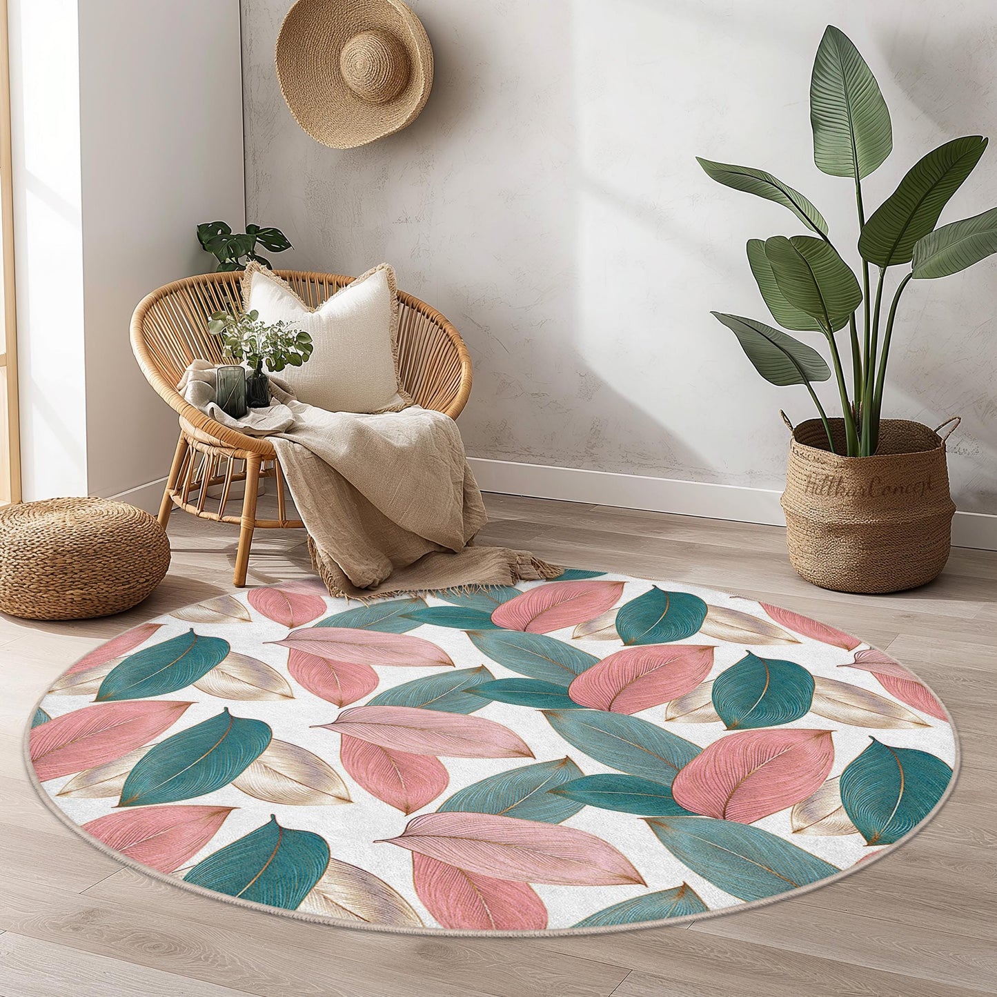 Eleganter runder Teppich mit Blättermuster | Weicher Baumwollteppich mit Blumenmuster | Wohnaccessoire im Bohème-Stil | Stilvolle runde Matte fürs Wohnzimmer