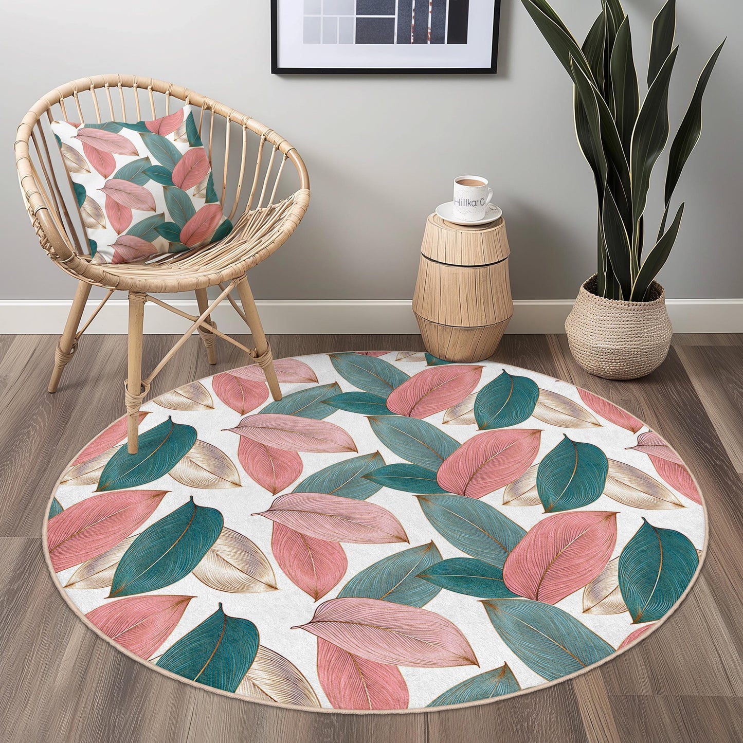 Elegant Leaf Print Round Area Rug | Soft Cotton Floral Carpet | Bohemian Home Decor | Stylish Round Mat for Living Room