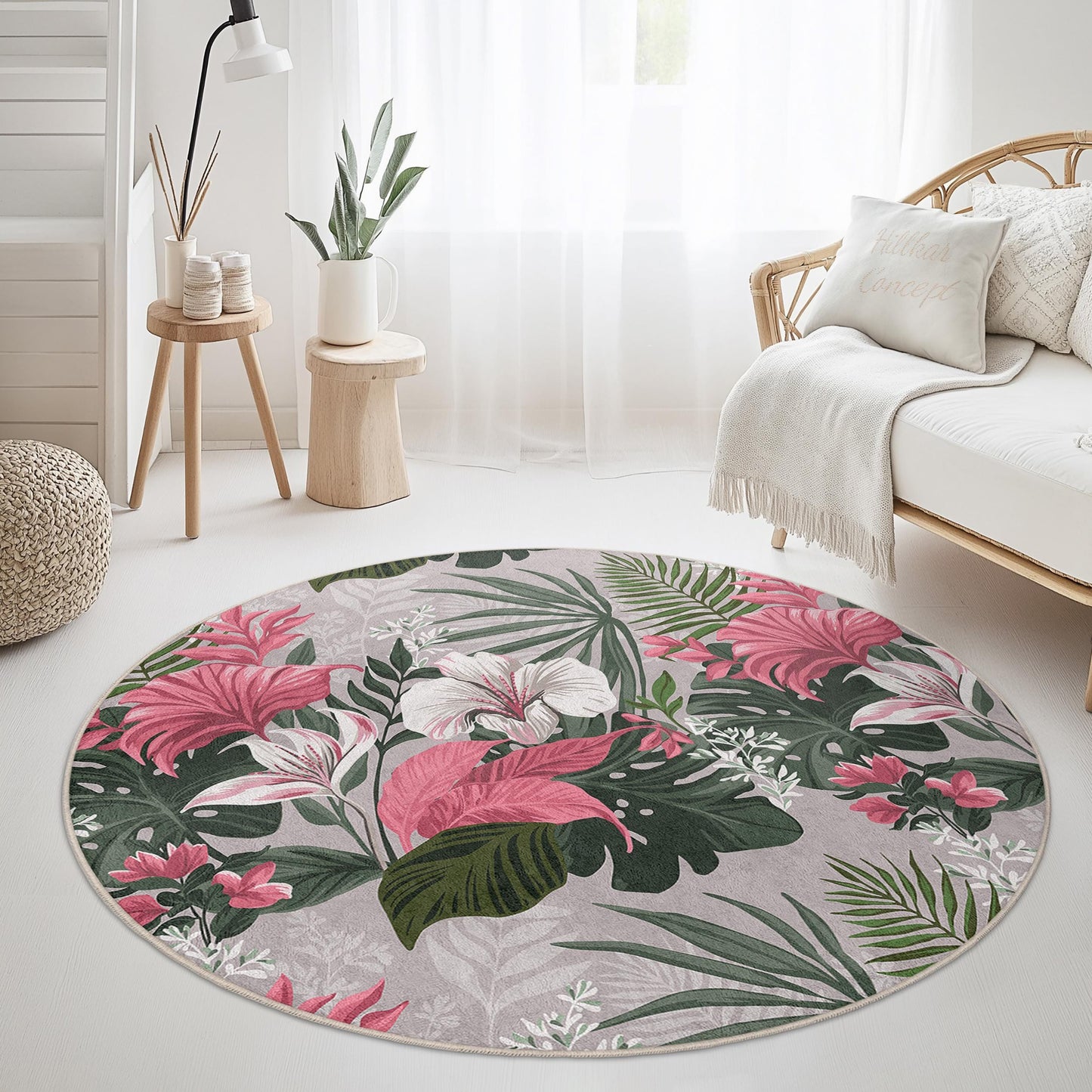 Runder Teppich mit tropischem Blumenmuster | Weiche Baumwolle für die Heimdekoration | Rutschfeste Matte für den Innenbereich | Lebendiger Blumenteppich für das Wohnzimmer