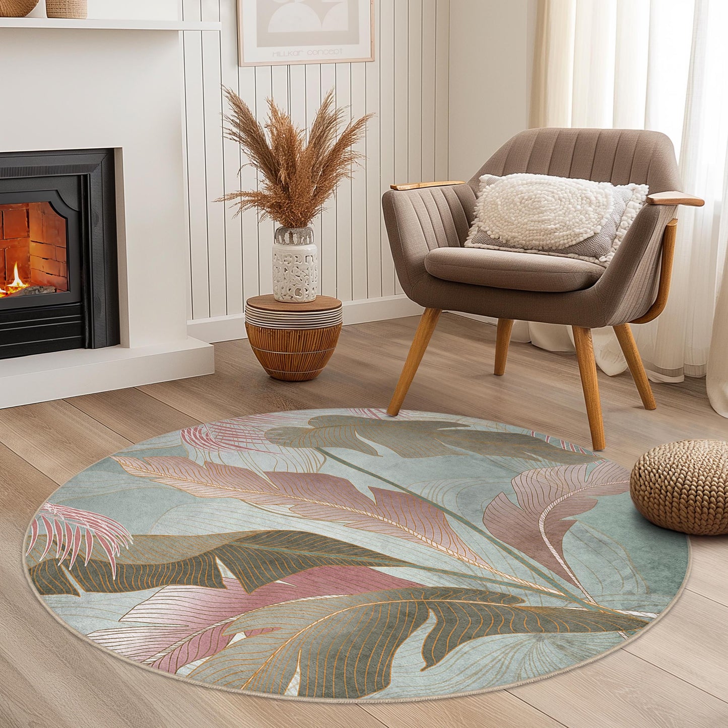 Eleganter runder Teppich mit Blattmuster | Weicher Baumwollteppich | Stilvolle Wohndekoration | Runde Matte mit botanischem Motiv