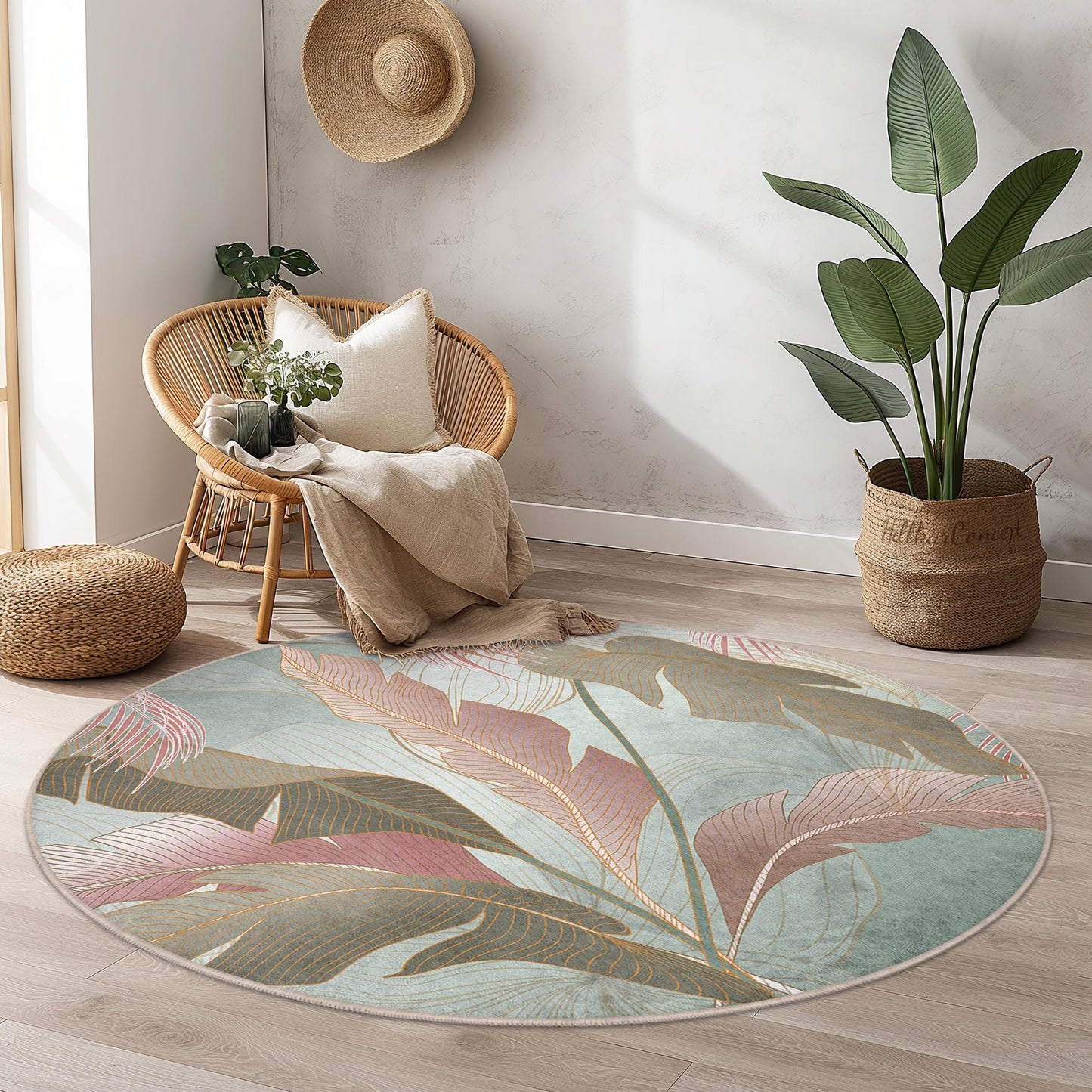 Eleganter runder Teppich mit Blattmuster | Weicher Baumwollteppich | Stilvolle Wohndekoration | Runde Matte mit botanischem Motiv