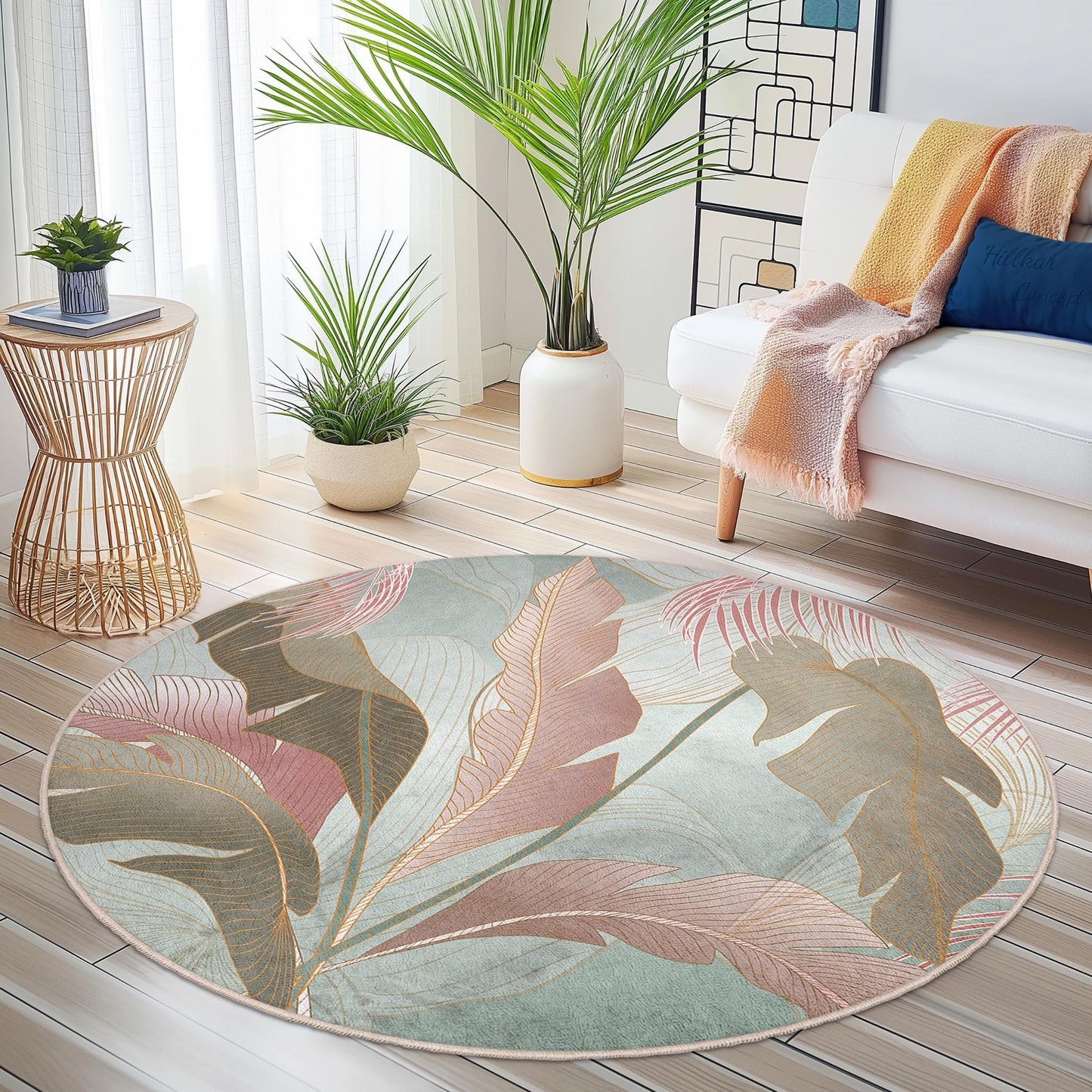 Eleganter runder Teppich mit Blattmuster | Weicher Baumwollteppich | Stilvolle Wohndekoration | Runde Matte mit botanischem Motiv