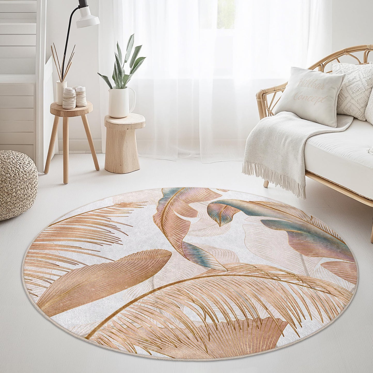 Eleganter runder Teppich mit tropischem Blättermuster | Weiche Baumwollmatte | Stilvolle Boho-Wohndekoration | Waschbarer runder Teppich für den Innenbereich