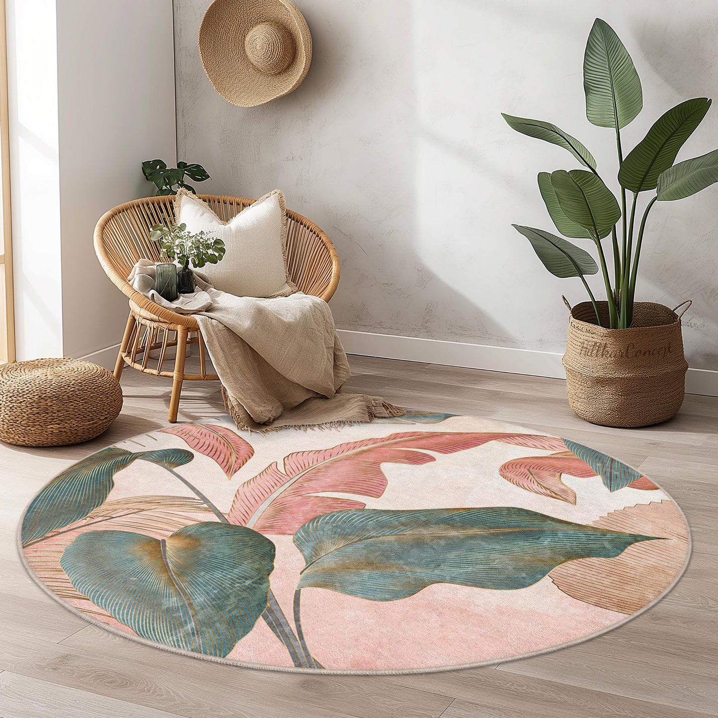 Runder Teppich mit botanischem Motiv | Teppich mit tropischem Blätterdesign | Weiche florale Wohndekoration | Waschbarer runder Teppich für das Wohnzimmer