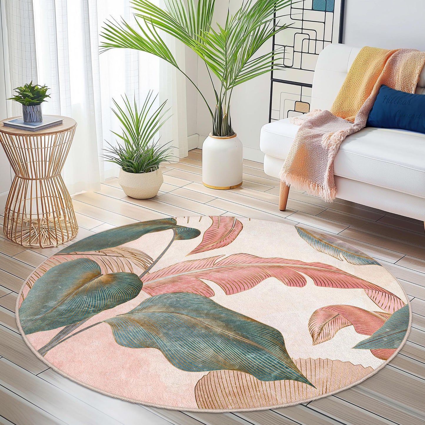 Runder Teppich mit botanischem Motiv | Teppich mit tropischem Blätterdesign | Weiche florale Wohndekoration | Waschbarer runder Teppich für das Wohnzimmer