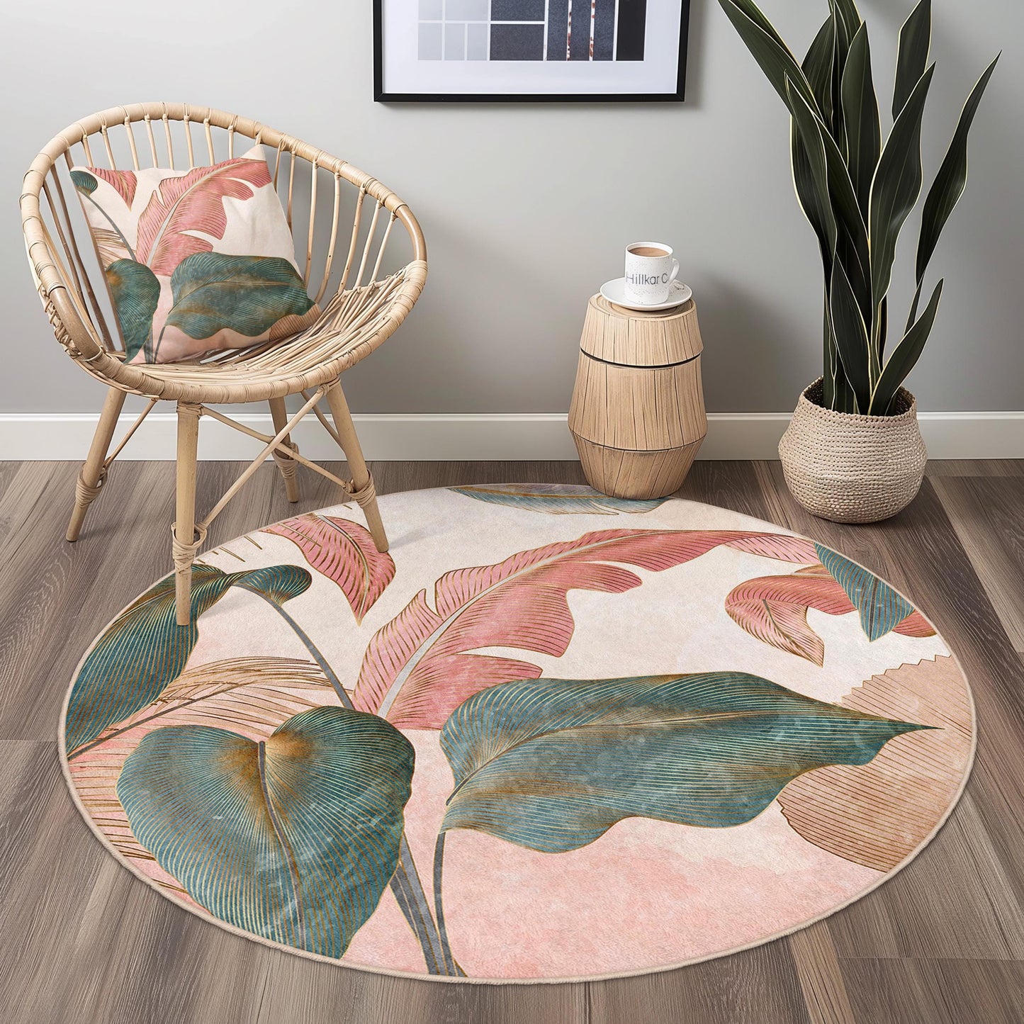 Runder Teppich mit botanischem Motiv | Teppich mit tropischem Blätterdesign | Weiche florale Wohndekoration | Waschbarer runder Teppich für das Wohnzimmer