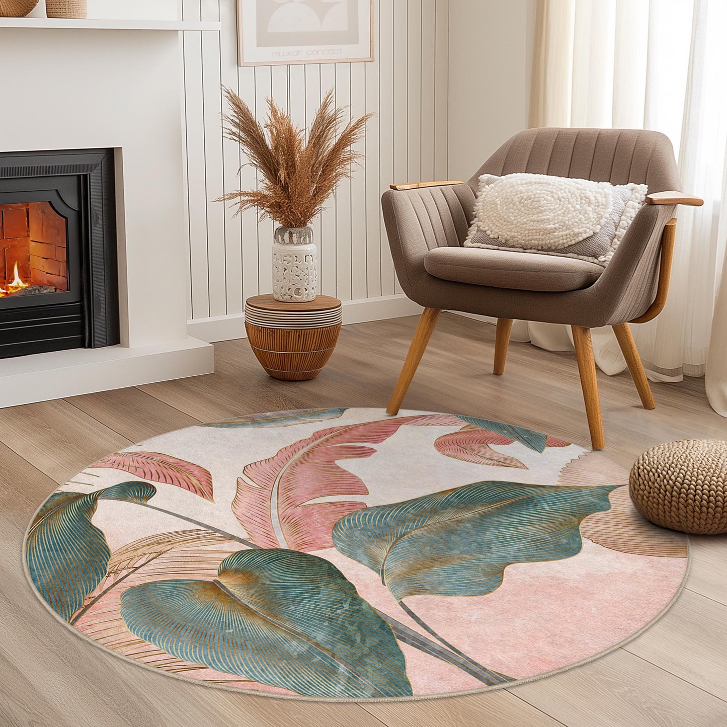 Botanical Round Area Rug | Tropical Leaf Design Carpet | Soft Floral Home Decor | Washable Circle Rug for Living Room
