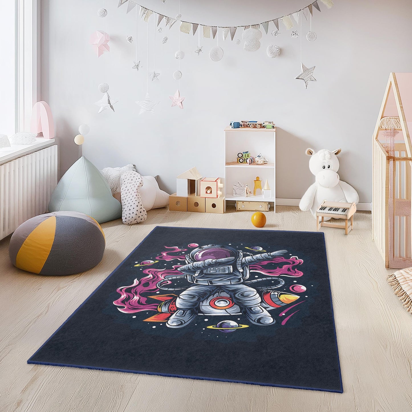 Weltraumabenteuer-Astronauten-Spielteppich für Kinder, Weltraum-Spielmatte, Galaxie-Teppich fürs Kinderzimmer, einzigartiger Kleinkinderteppich, pädagogischer Spielteppich