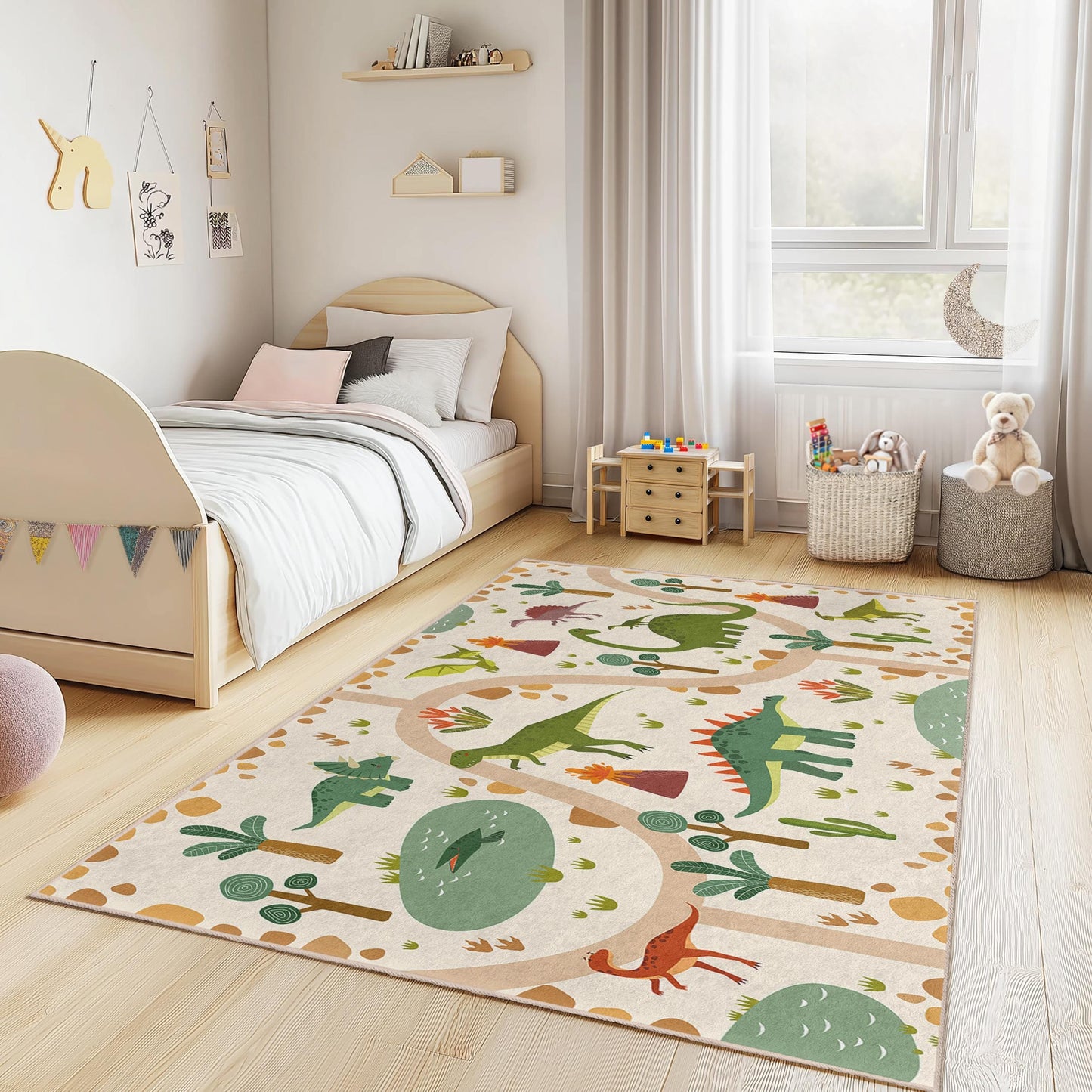 Dinosaurier-Abenteuer-Spielteppich für Kinder, interaktive Spielmatte fürs Kinderzimmer, weicher rechteckiger Teppich, Spielzimmerdekoration, Kinderzimmerteppich