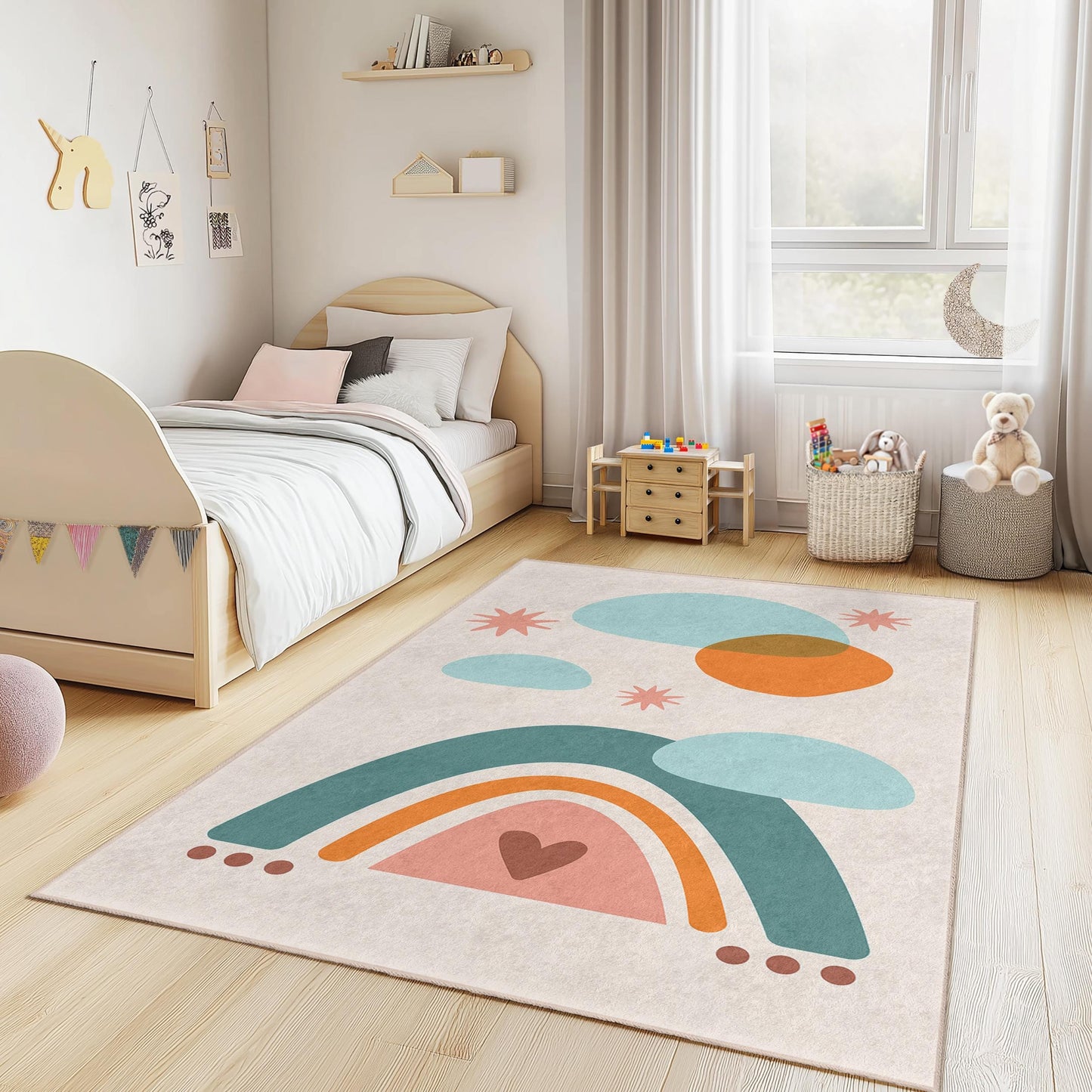 Regenbogenfarbener Spielteppich, bunter rechteckiger Kinderteppich, weicher Kinderzimmerteppich, Spielzimmerdeko, Kinderzimmer-Basics, lustiger Kinderteppich