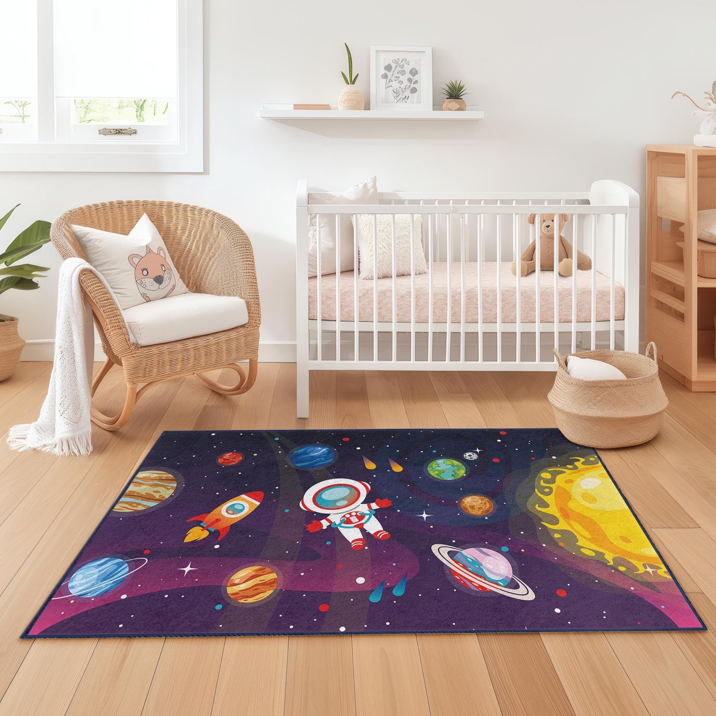 Astronauten- und Planetenmotiv, Weltraumabenteuer-Spielteppich für Kinder, rechteckiger Kinderteppich, kosmische Spielmatte für Kinderzimmer, Schlafzimmerdekoration