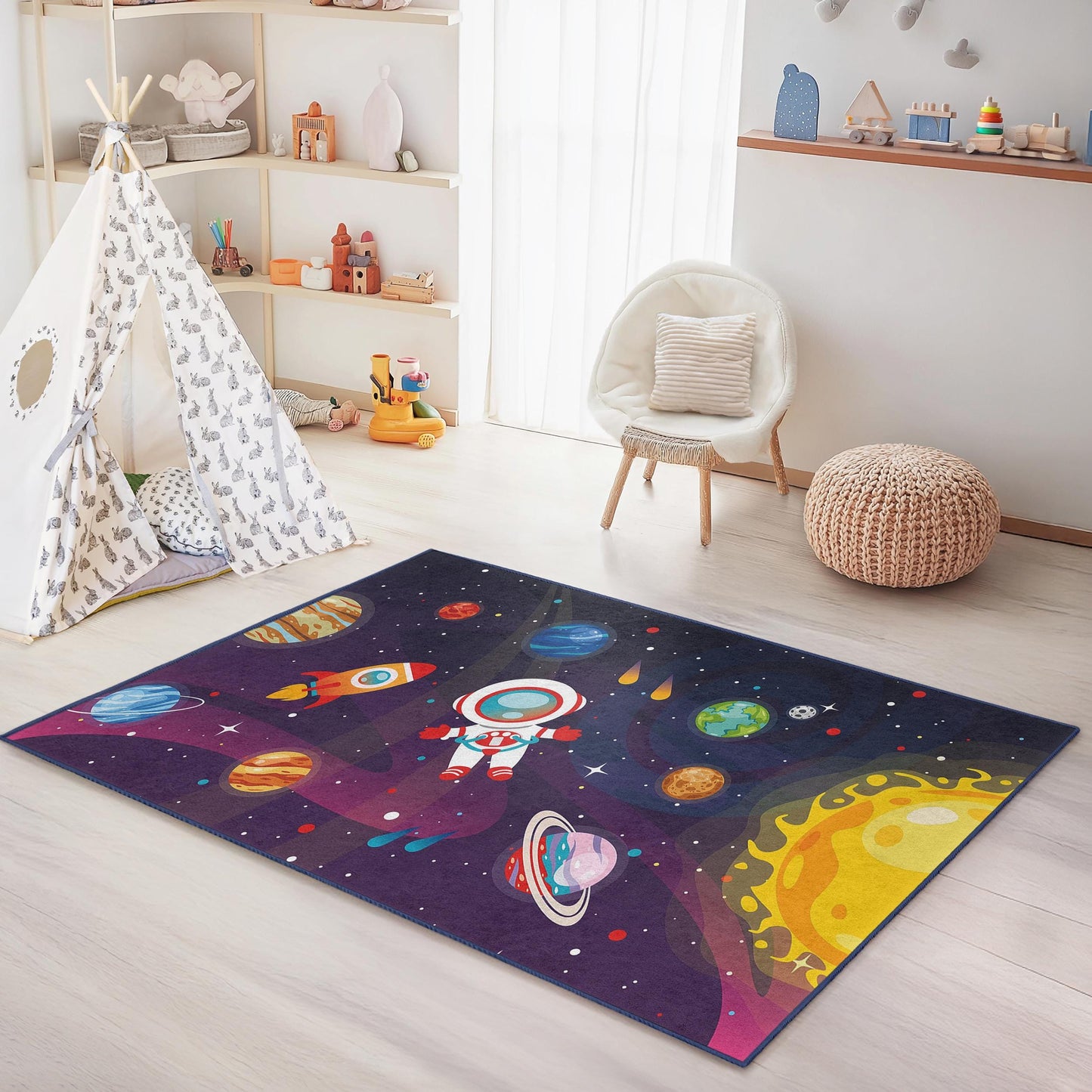 Astronauten- und Planetenmotiv, Weltraumabenteuer-Spielteppich für Kinder, rechteckiger Kinderteppich, kosmische Spielmatte für Kinderzimmer, Schlafzimmerdekoration