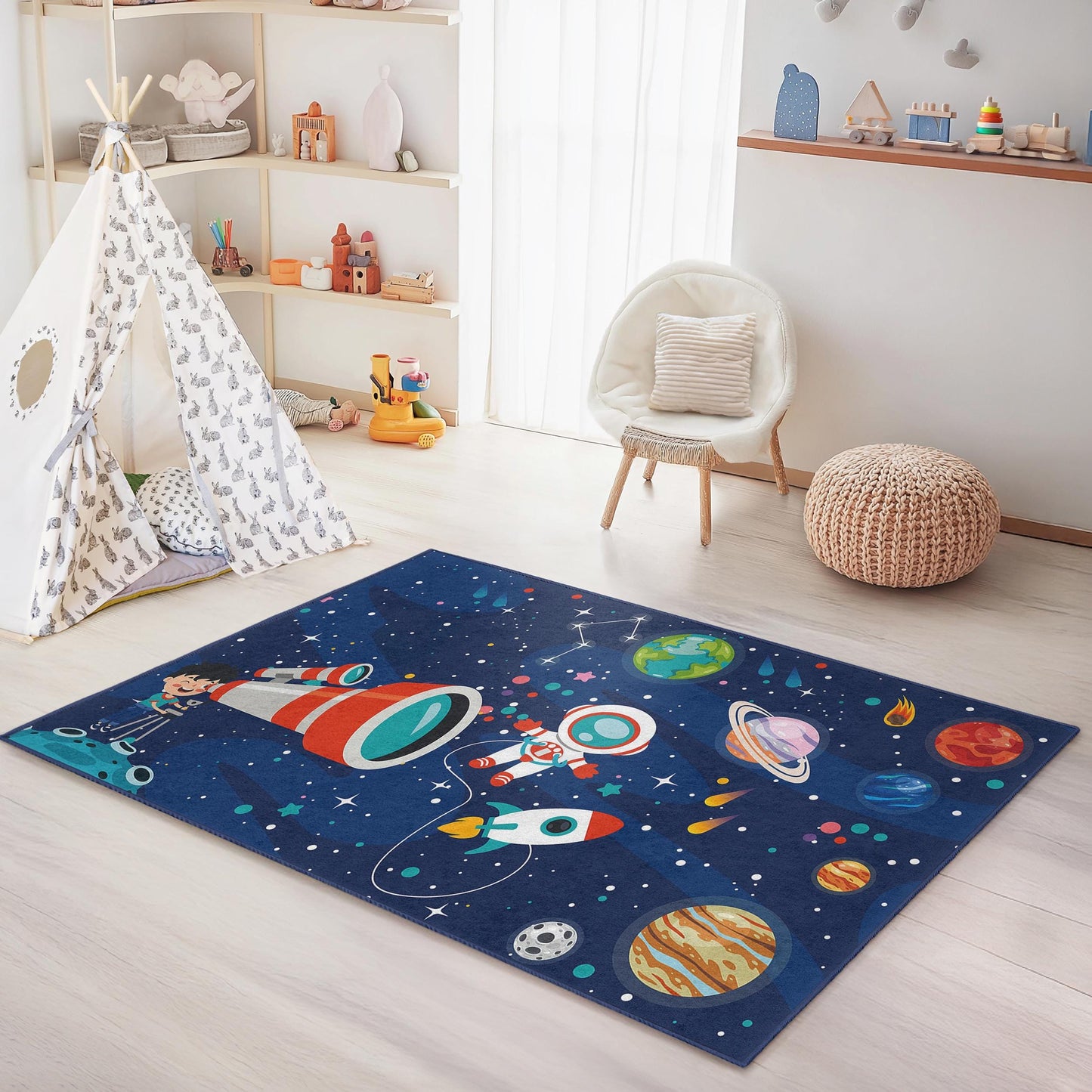 Weltraumabenteuer-Spielteppich für Kinder, Teppich mit Astronauten- und Planetenmotiven, rechteckiger Spielzimmerteppich für Kinder, kosmische Kinderzimmerdekoration