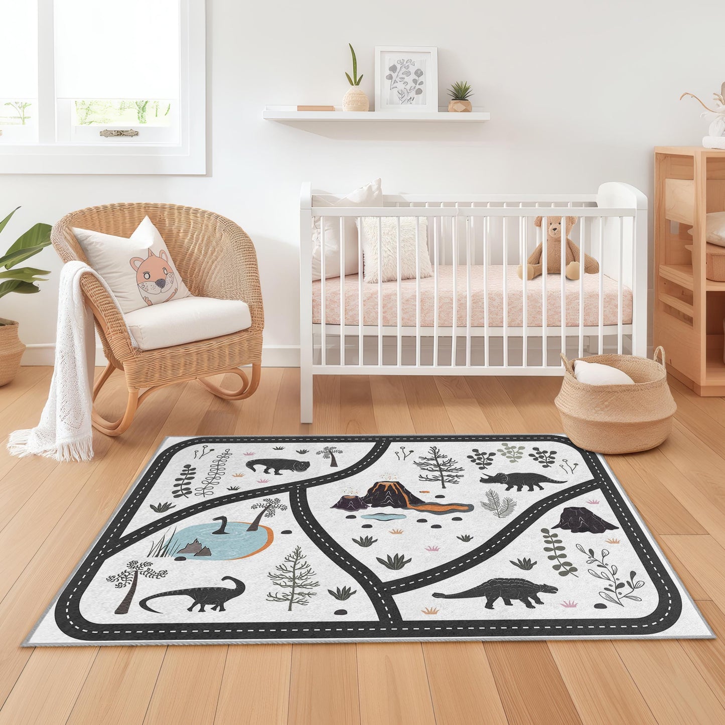 Dinosaurier-Abenteuer-Spielteppich für Kinder, rechteckige Spielmatte, weicher Dinosaurier-Teppich fürs Kinderzimmer, interaktiver Spielteppich, lustiger Kleinkinderteppich