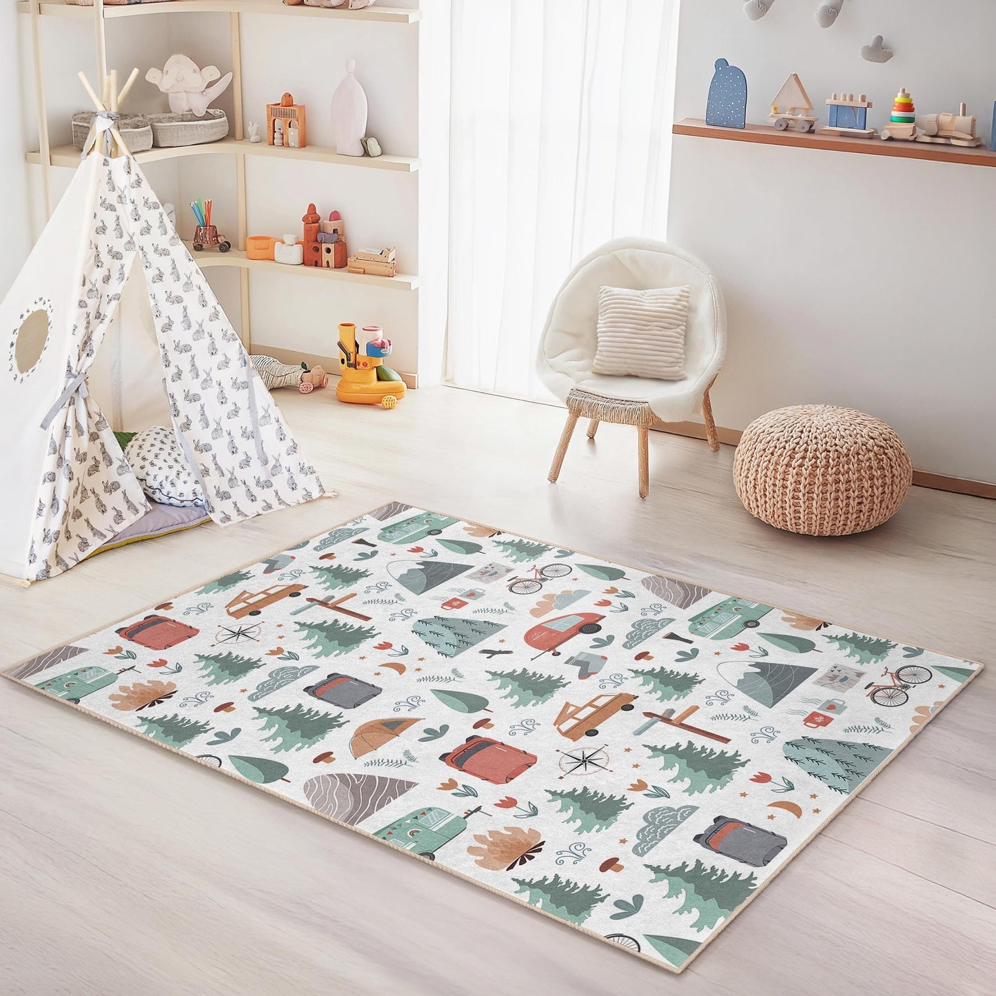 Rechteckiger Teppich im Camping-Design, Kinderteppich „Abenteuer erwartet dich“, Naturinspirierte Spielmatte für Kinder, Outdoor-Deko fürs Kinderzimmer
