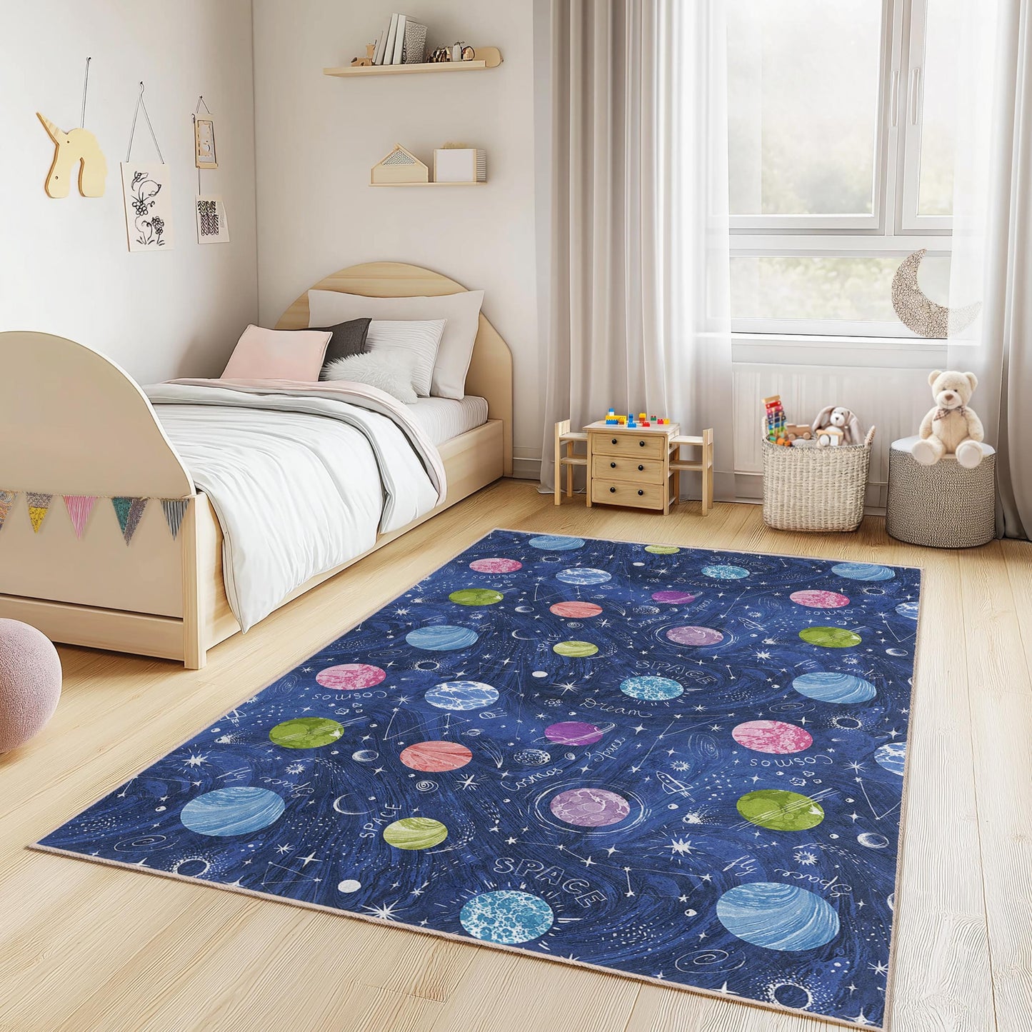 Kosmischer Traum-Spielteppich für Kinder, Weltraum-Kinderteppich, rechteckige Spielmatte fürs Kinderzimmer, Astronauten-Deko