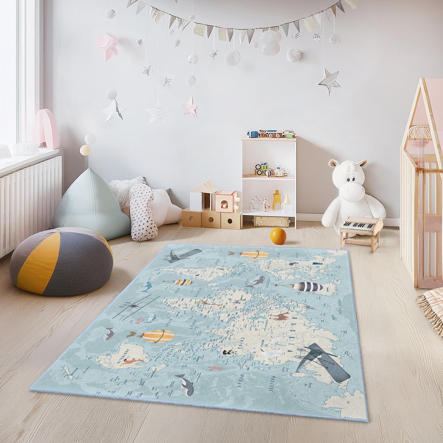 Weltkarten-Abenteuer-Spielteppich für Kinder, Heißluftballon-Spielmatte, Lernteppich für Kinder, rechteckiger Kinderzimmerteppich, Kinderzimmerdekoration