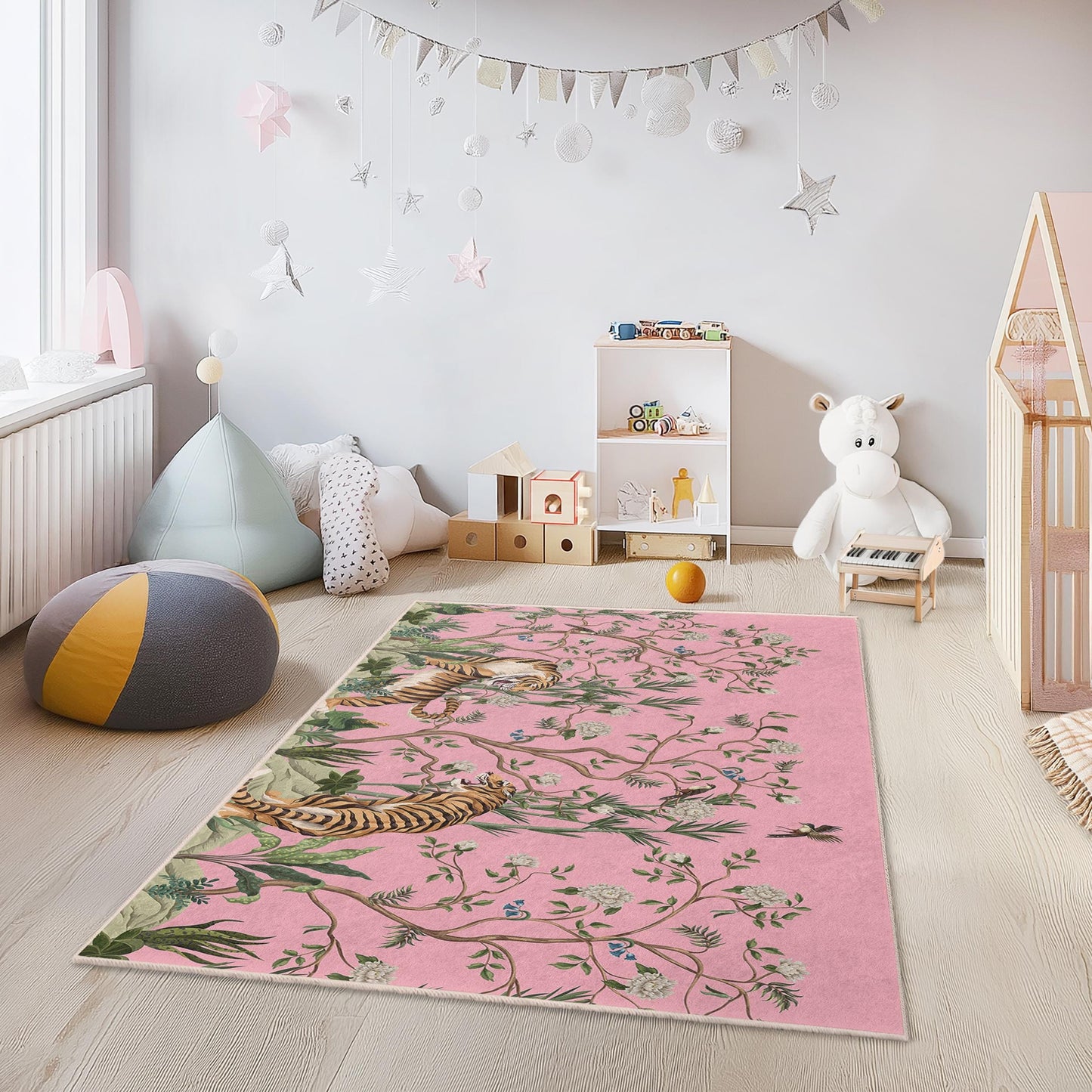 Farbenfroher Kinderteppich mit Tiger- und Blumenmuster, rechteckige Spielmatte fürs Kinderzimmer, Dschungel-Thema, weicher und kuscheliger Teppich