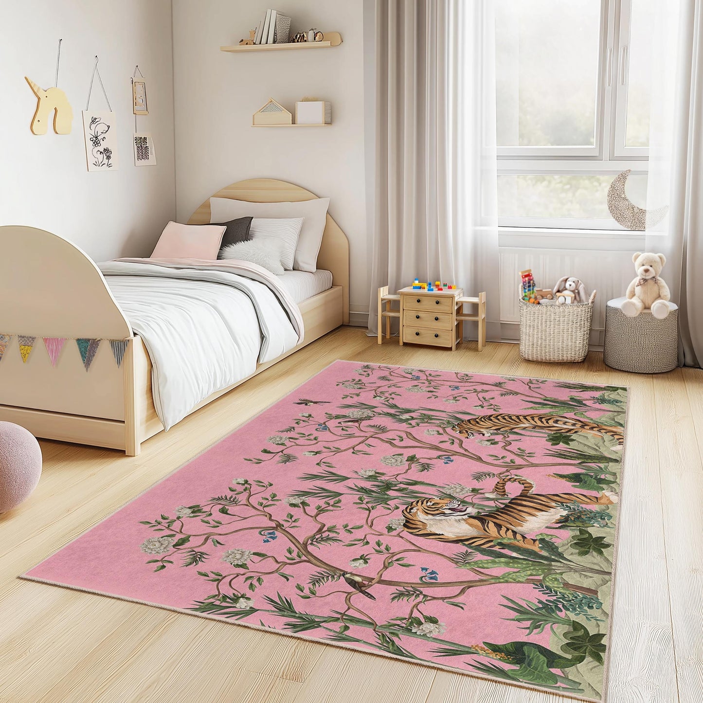 Farbenfroher Kinderteppich mit Tiger- und Blumenmuster, rechteckige Spielmatte fürs Kinderzimmer, Dschungel-Thema, weicher und kuscheliger Teppich
