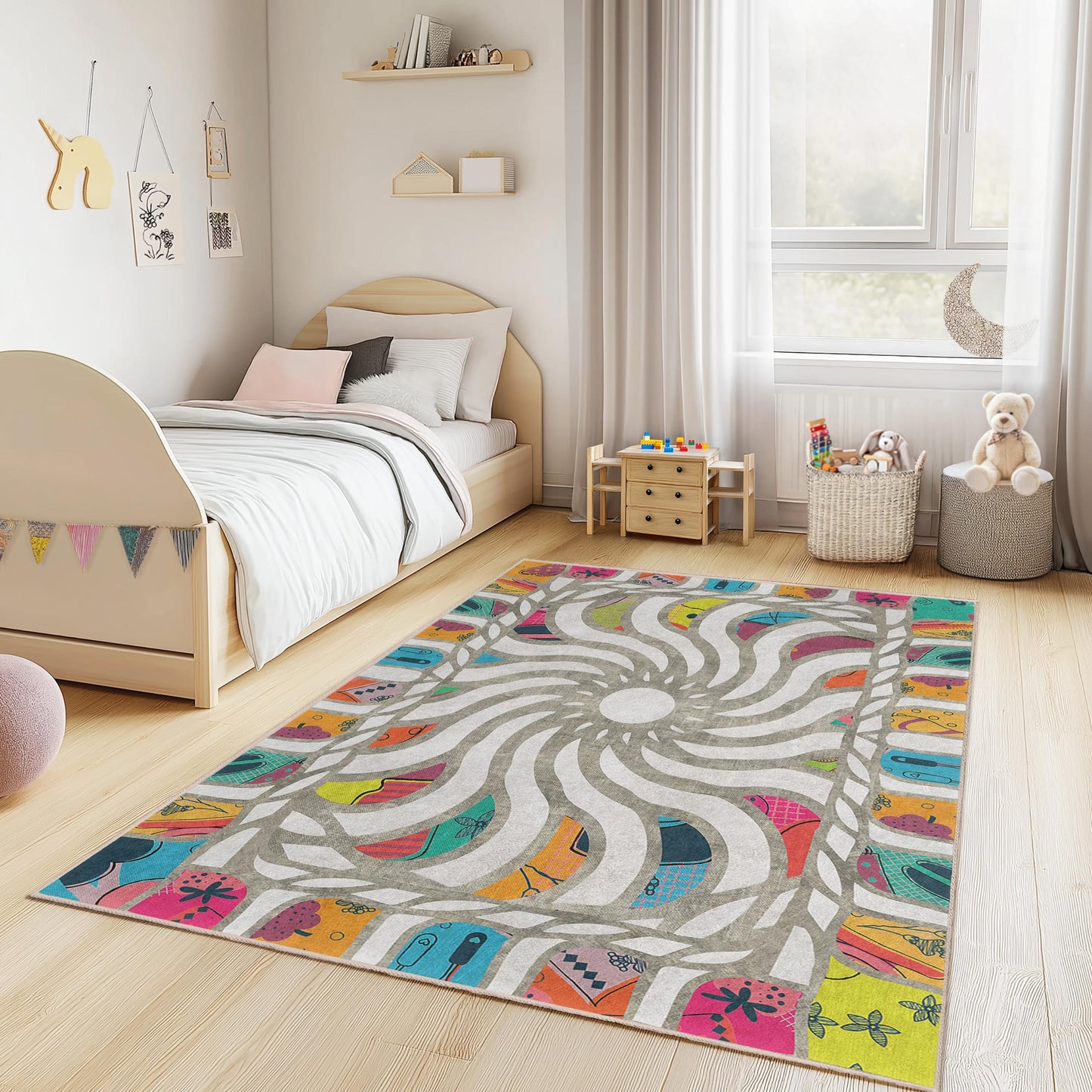 Bunter Kinderteppich mit Sonnenmuster, rechteckiger Spielzimmerteppich, farbenfroher Kinderzimmerteppich, fröhliche Kinderzimmerdekoration, weiche Spielmatte