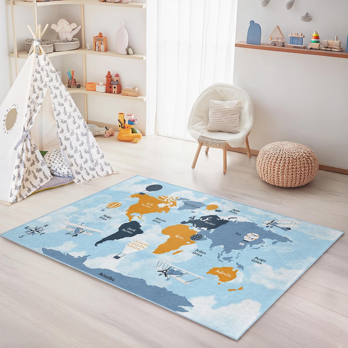 Abenteuerkarten-Kinderteppich, rechteckiger Teppich mit Reisemotiven, Weltkarten-Spielmatte, Lernteppich für Kinder, weiche Kinderzimmerdekoration