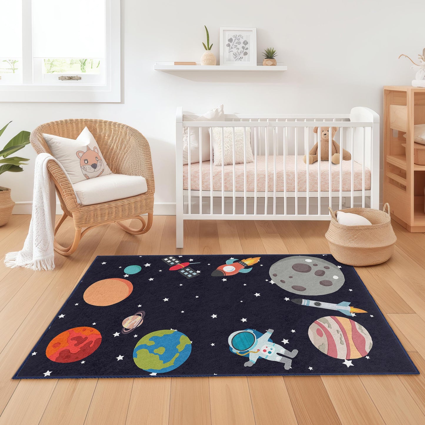 Weltraumabenteuer-Spielteppich für Kinder, Raketen- und Planeten-Spielmatte, rechteckiger Kinderzimmerteppich, Astronautenteppich für die Spielzimmerdekoration