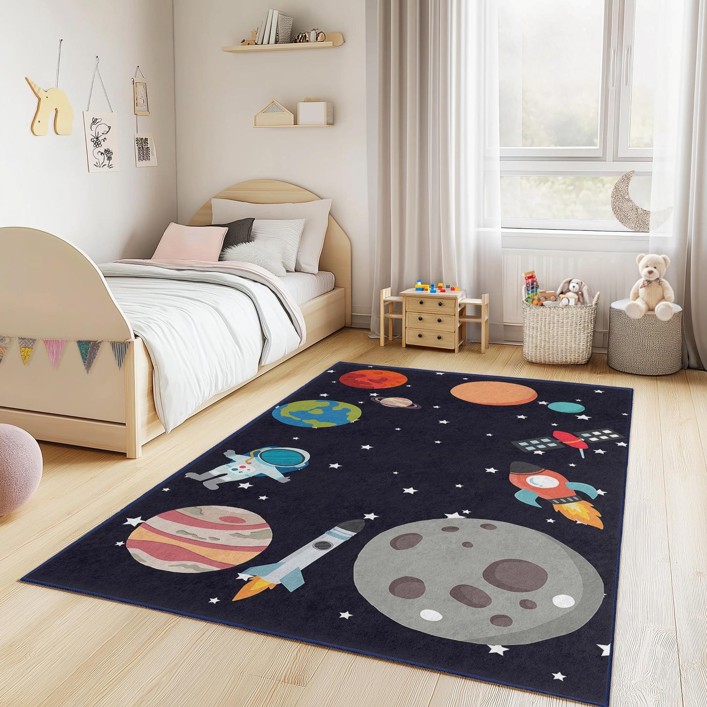 Weltraumabenteuer-Spielteppich für Kinder, Raketen- und Planeten-Spielmatte, rechteckiger Kinderzimmerteppich, Astronautenteppich für die Spielzimmerdekoration