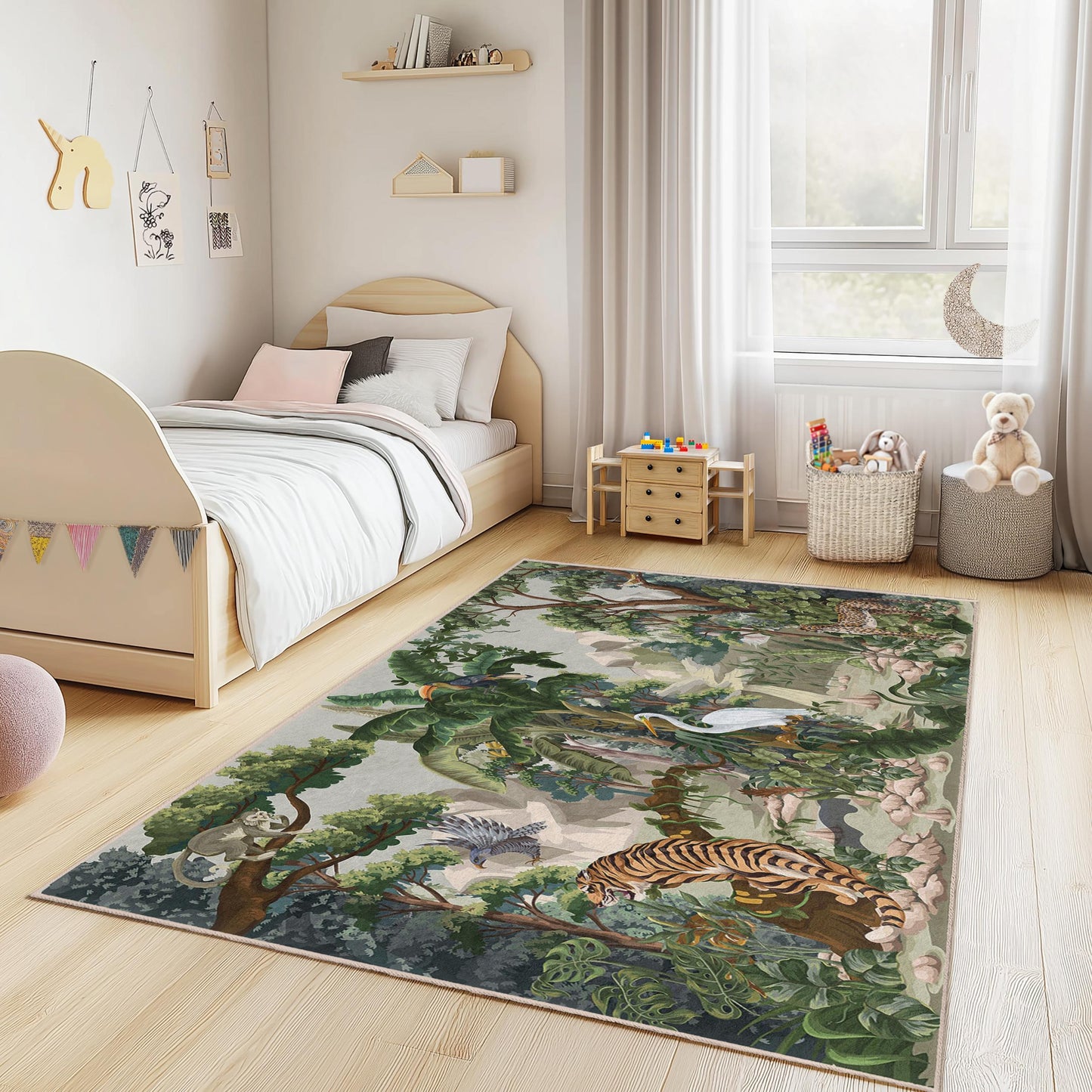 Rechteckiger Dschungel-Abenteuer-Kinderteppich, Spielmatte mit Tiermotiven, Safari-Kinderzimmerteppich, Dschungeldeko fürs Kinderzimmer