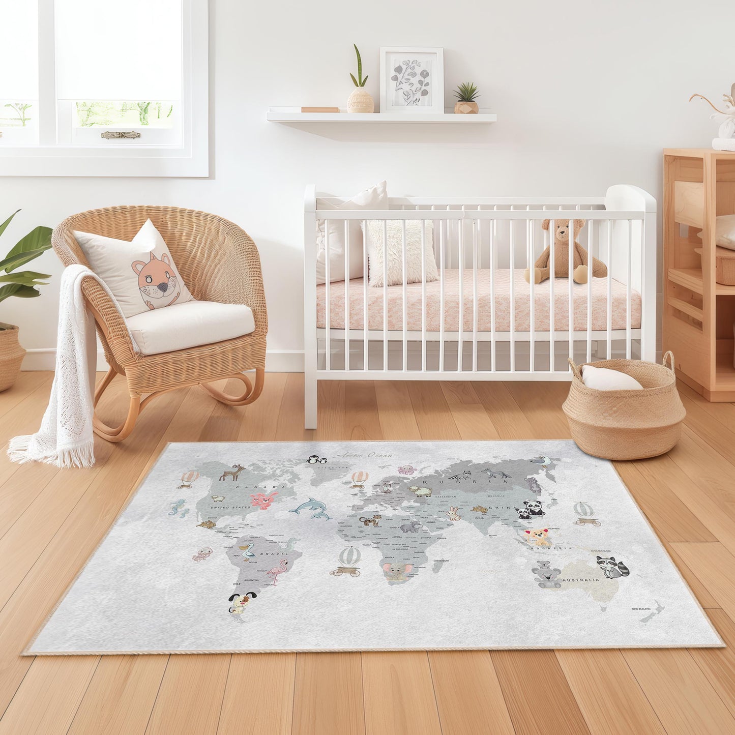 Kinderzimmerteppich mit Tierweltkarte, weiche rechteckige Spielmatte fürs Kinderzimmer, Kinderzimmerdeko, Lernteppich, Teppich mit Tiermotiven