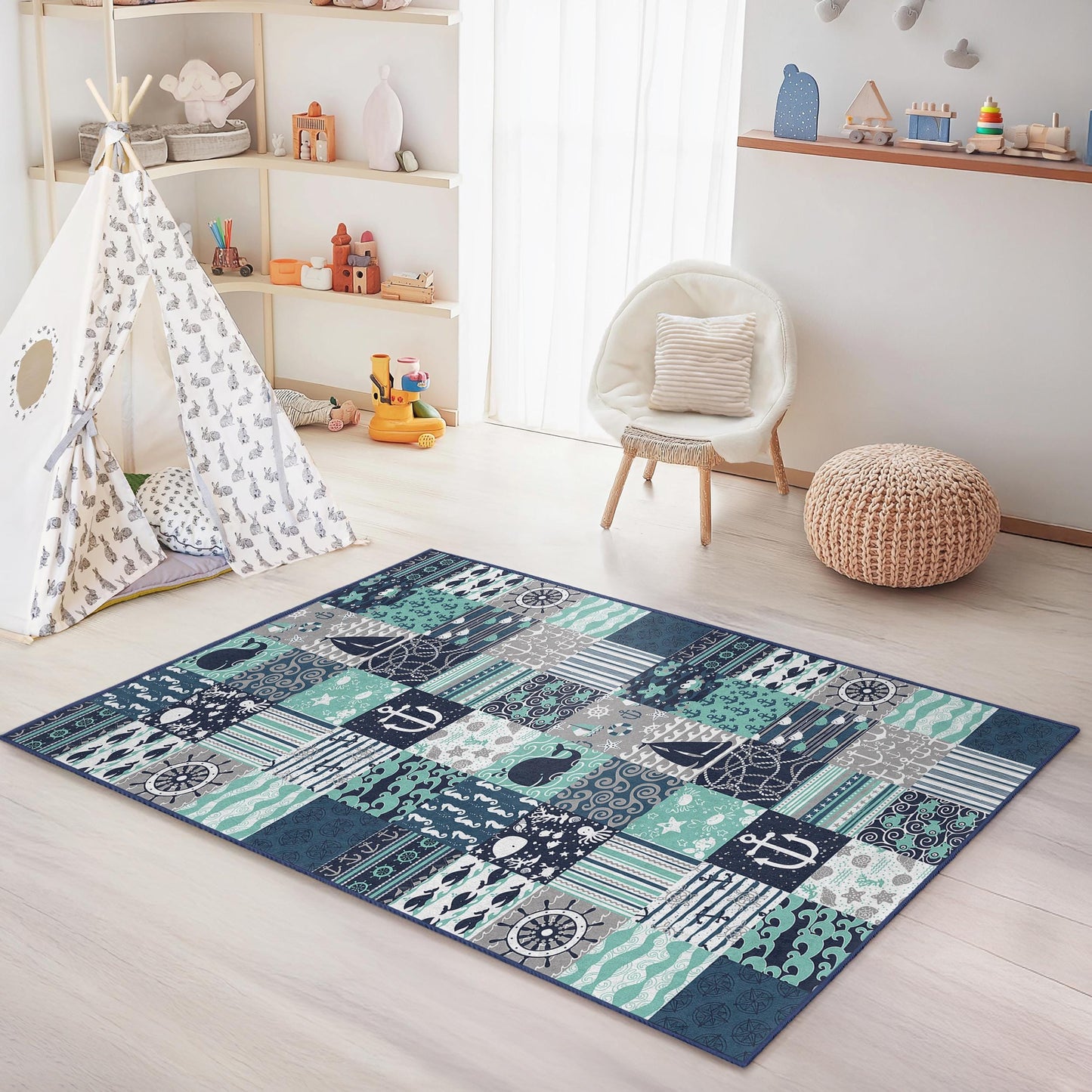 Rechteckiger Kinderteppich mit maritimen Motiven, Spielteppich mit Meeresabenteuer-Motiv, Wal- und Segelboot-Teppich, Kinderzimmerdekoration mit Meeresmotiven