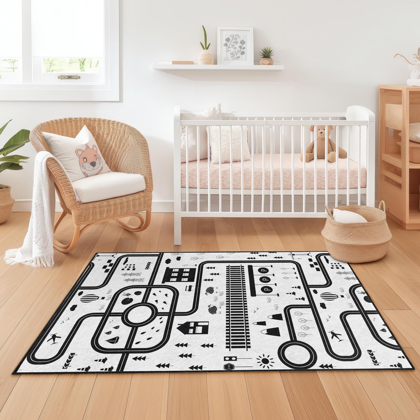 Spielteppich mit Stadtplan in Schwarz-Weiß, rechteckiger Kinderteppich, interaktive Spielmatte, Kinderzimmerdekoration, weicher Kinderzimmerteppich