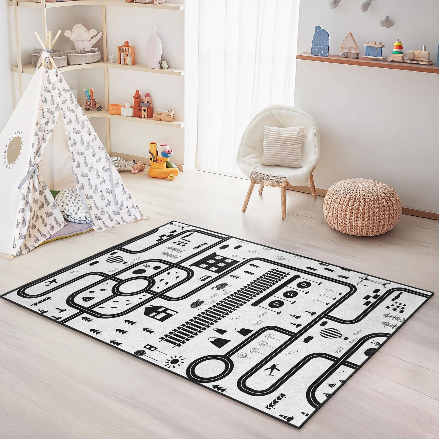 Spielteppich mit Stadtplan in Schwarz-Weiß, rechteckiger Kinderteppich, interaktive Spielmatte, Kinderzimmerdekoration, weicher Kinderzimmerteppich