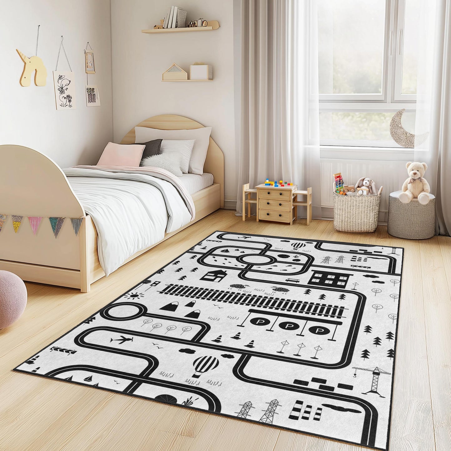 Spielteppich mit Stadtplan in Schwarz-Weiß, rechteckiger Kinderteppich, interaktive Spielmatte, Kinderzimmerdekoration, weicher Kinderzimmerteppich