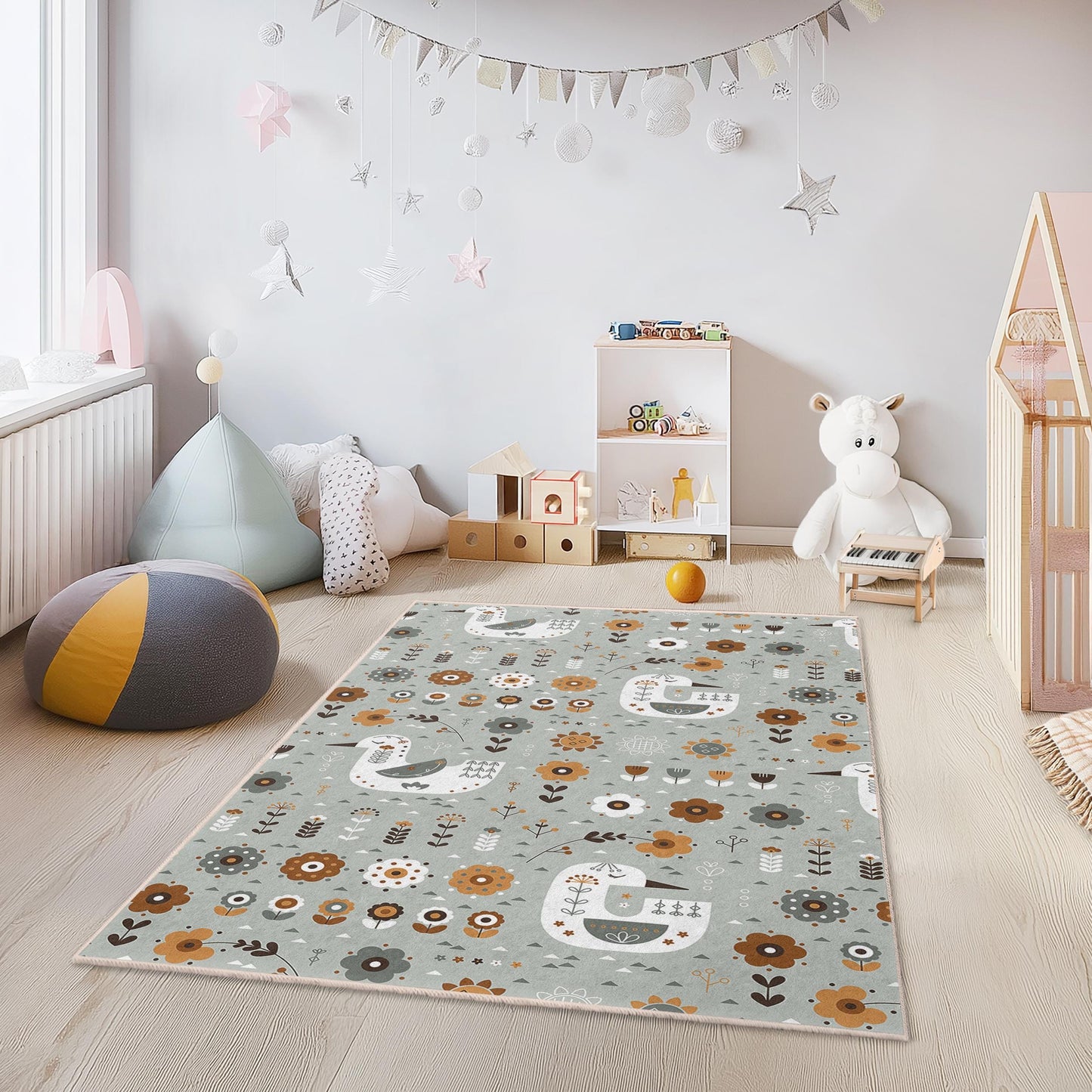 Spielteppich mit Blumen- und Vogelmuster für Kinder, rechteckiger Kinderzimmerteppich, weiche Spielmatte fürs Kinderzimmer, einzigartige Kinderzimmerdekoration