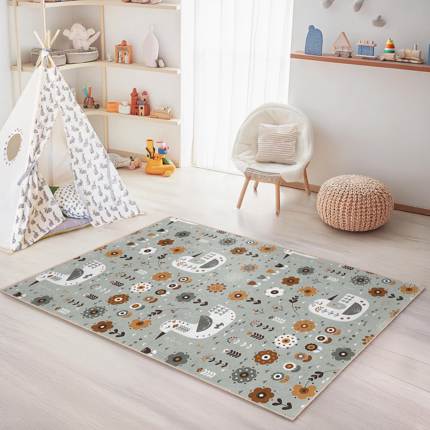 Spielteppich mit Blumen- und Vogelmuster für Kinder, rechteckiger Kinderzimmerteppich, weiche Spielmatte fürs Kinderzimmer, einzigartige Kinderzimmerdekoration
