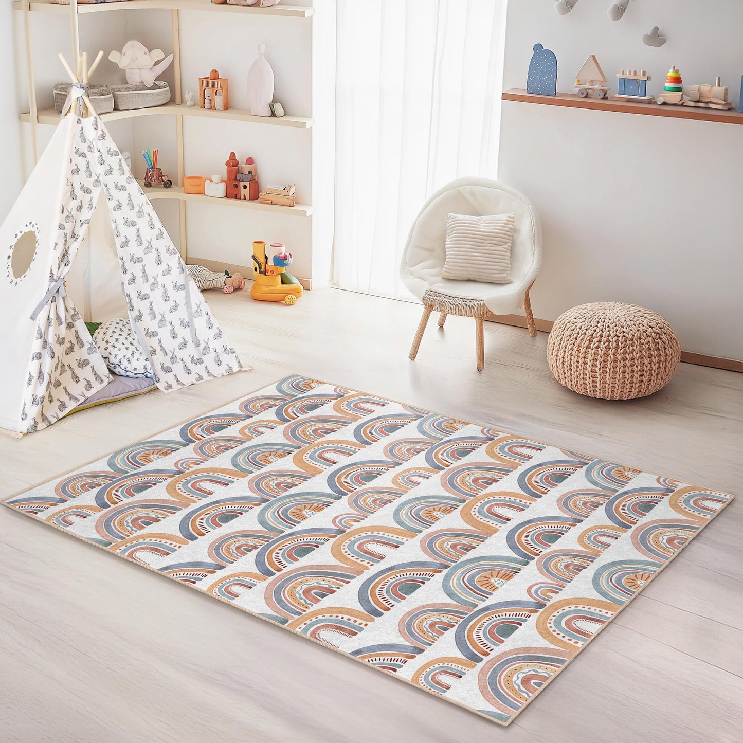 Weicher Kinderteppich mit Regenbogenmuster, rechteckiger Spielzimmerteppich, farbenfrohe Kinderzimmerdekoration, Spielmatte für Kinder
