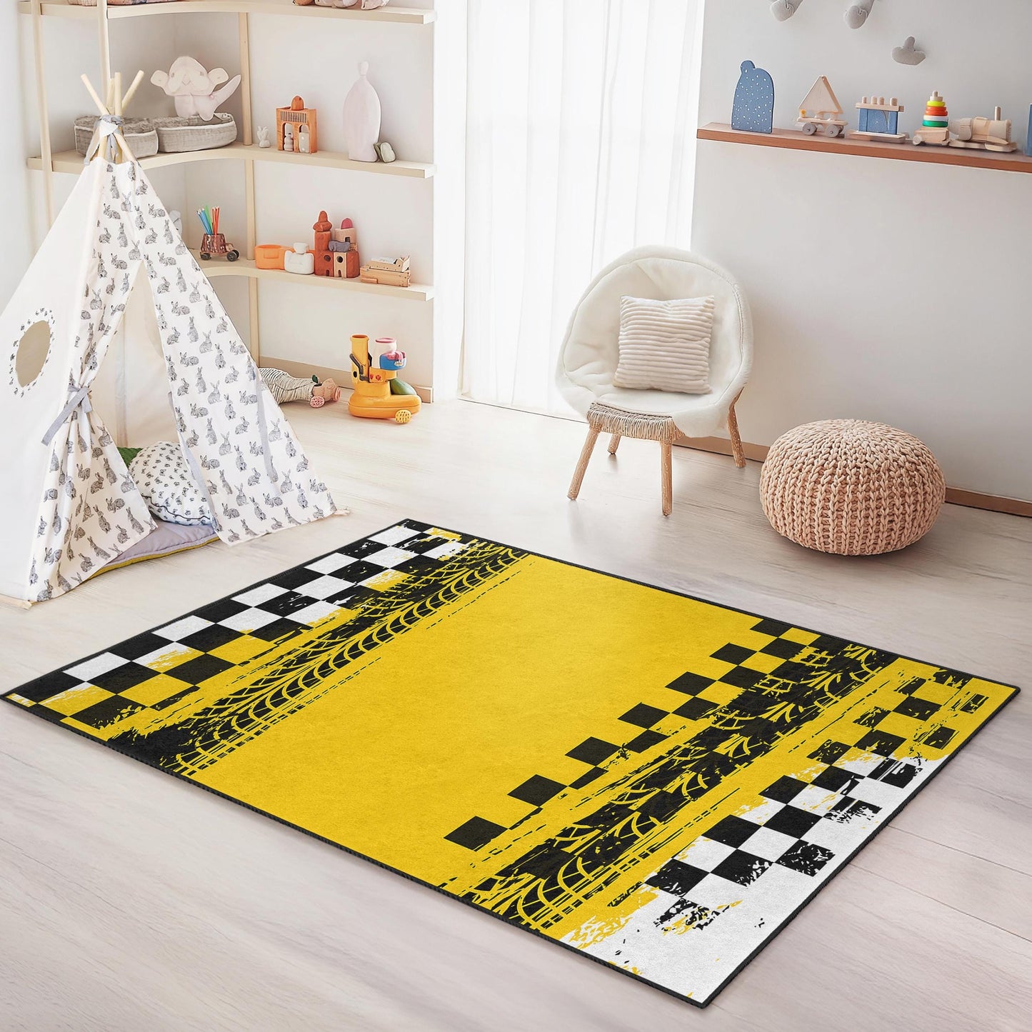 Rennstrecken-inspirierter Kinderteppich, gelb-schwarz karierte Spielmatte, rechteckiger Teppich fürs Kinderzimmer, lustige Rennsport-Deko