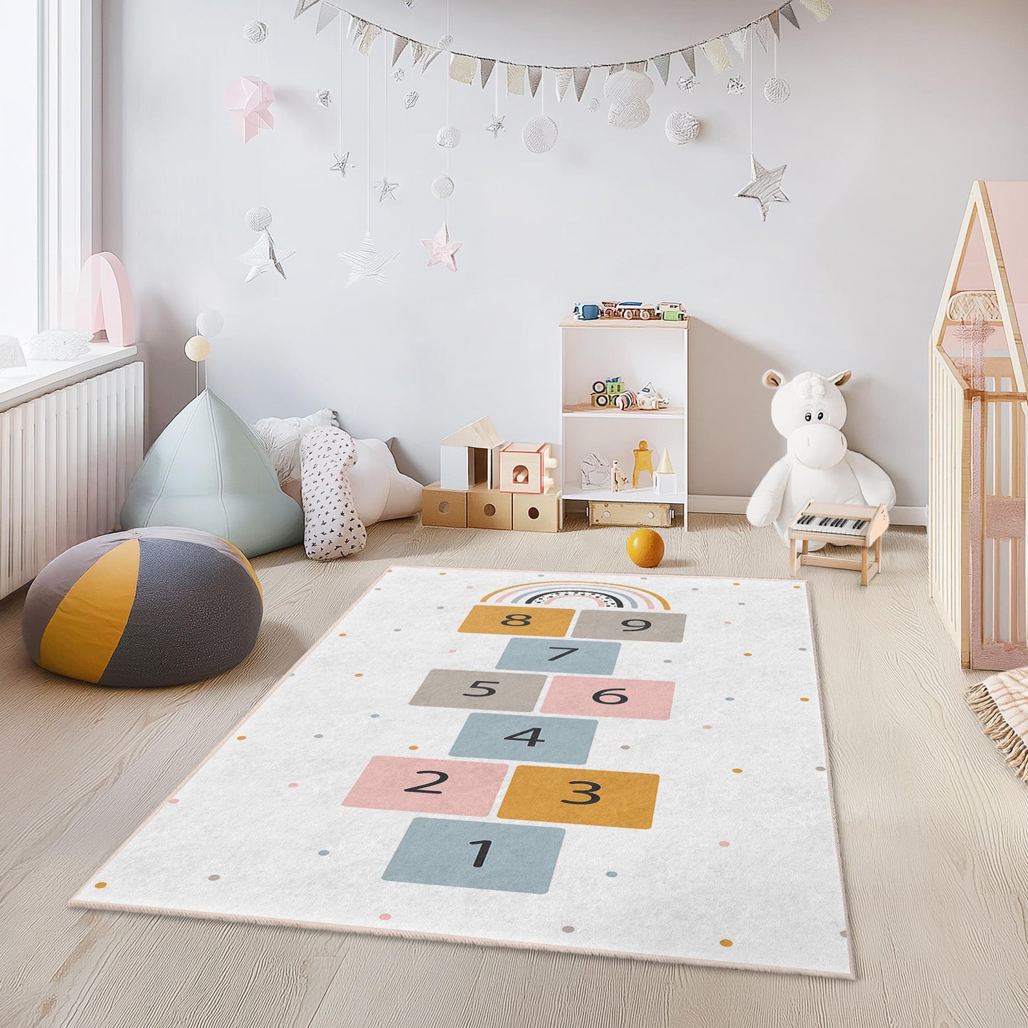 Hüpfkästchen-Regenbogen-Spielteppich für Kinder, rechteckiger Kinderteppich, lustiger Spielzimmerteppich, weiche Kinderzimmermatte, farbenfrohe Kinderzimmerdekoration