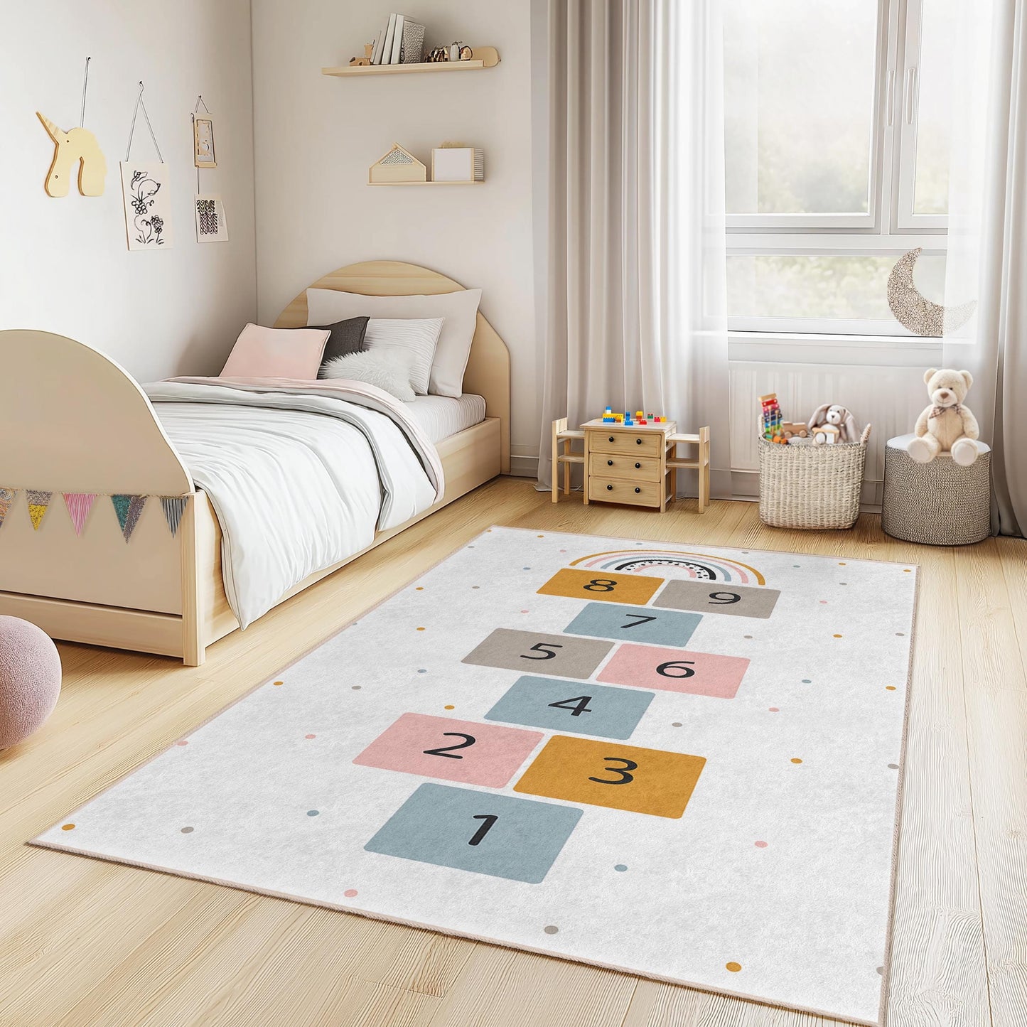 Hüpfkästchen-Regenbogen-Spielteppich für Kinder, rechteckiger Kinderteppich, lustiger Spielzimmerteppich, weiche Kinderzimmermatte, farbenfrohe Kinderzimmerdekoration